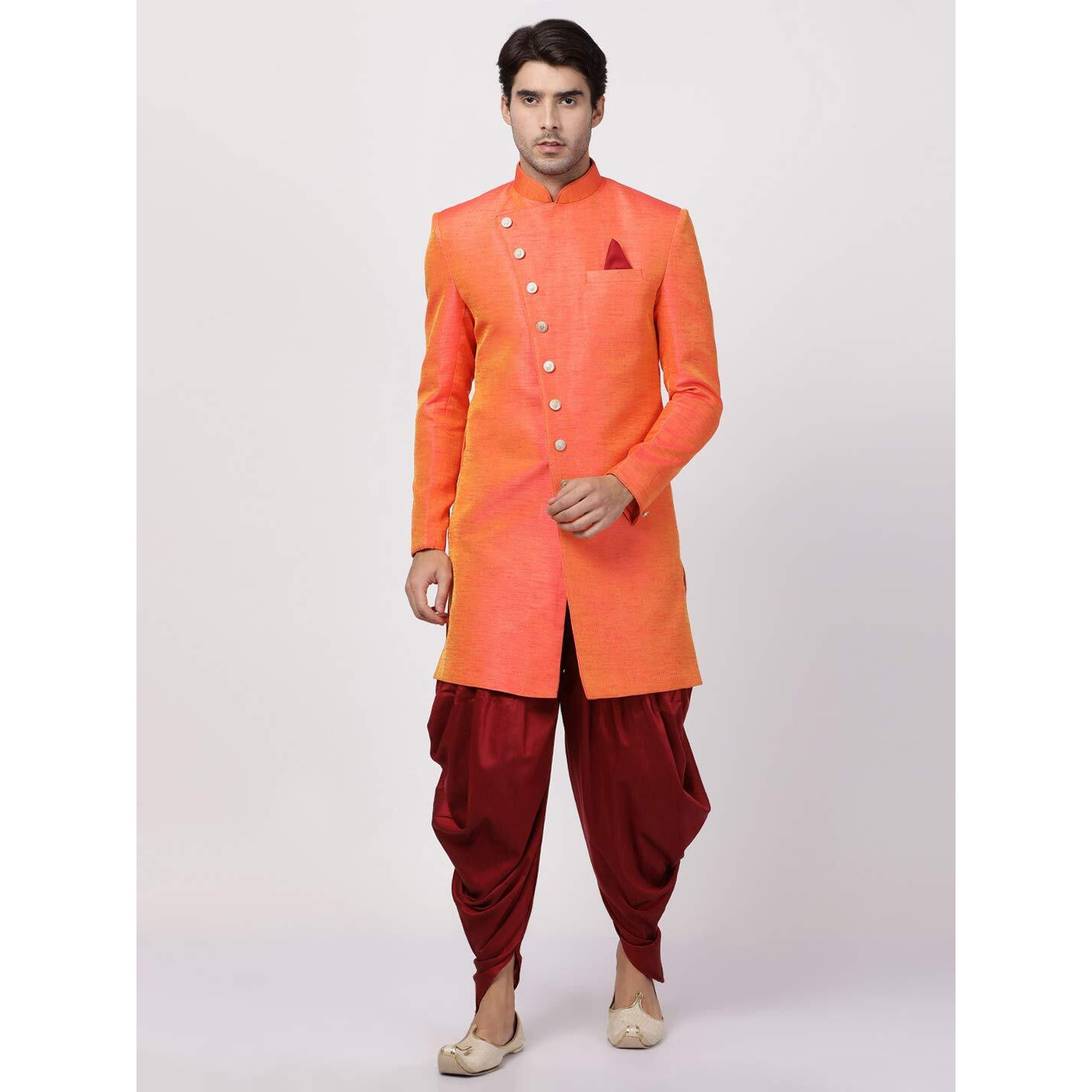 VASTRAMAY Men's Orange Silk Blend Sherwani Set_VASMIW005ORnCDMA_36
