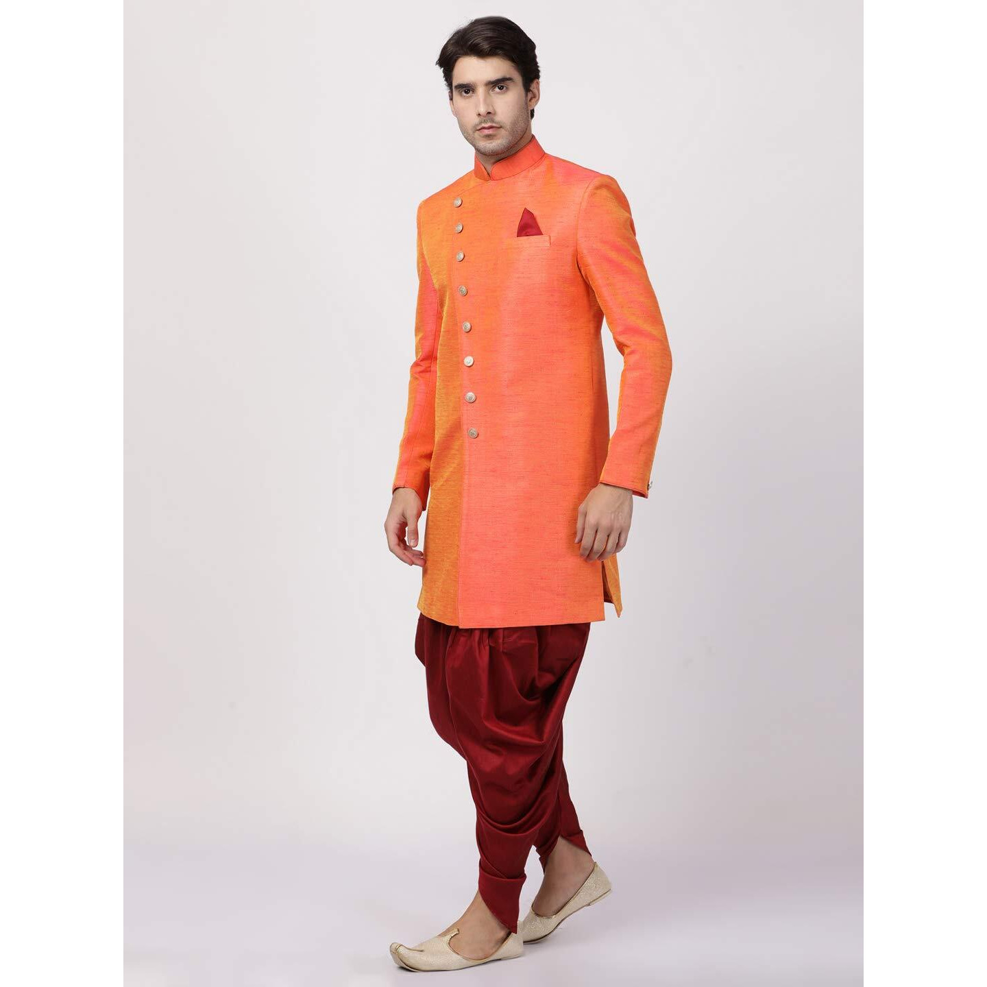 VASTRAMAY Men's Orange Silk Blend Sherwani Set_VASMIW005ORnCDMA_36