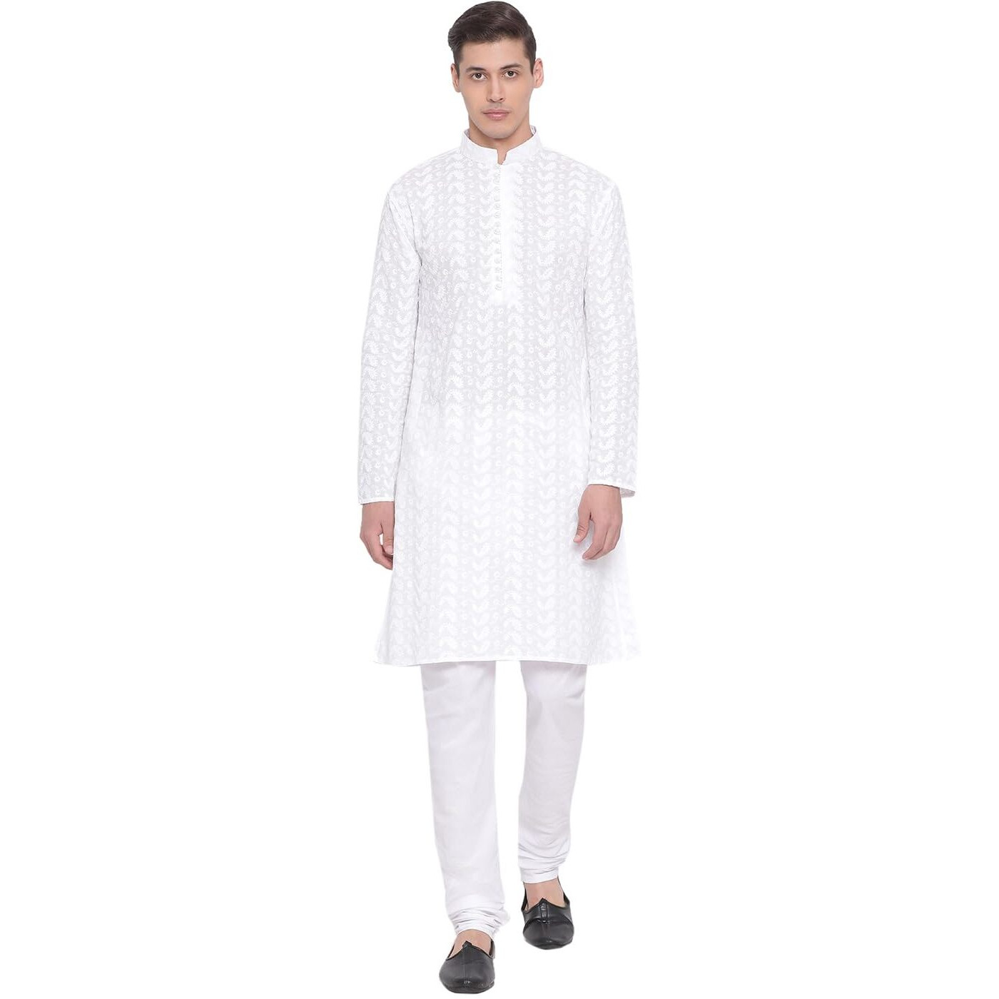 VASTRAMAY Men's Pure Cotton Lucknowi Chikankari Kurta Pyjama Set, Elegant Ethnic Wear for Republic Day, Weddings, and Festive Occasions