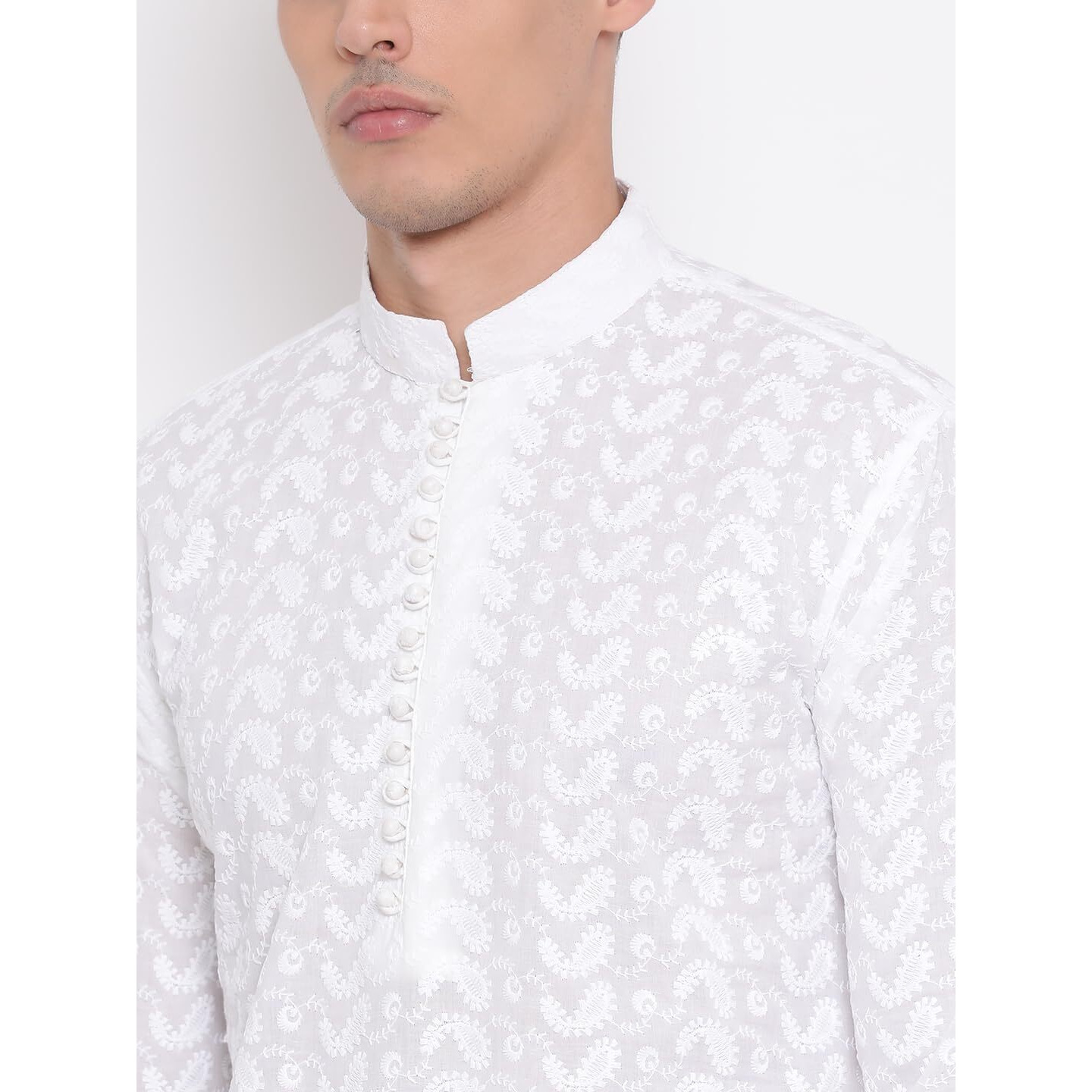 VASTRAMAY Men's Pure Cotton Lucknowi Chikankari Kurta Pyjama Set, Elegant Ethnic Wear for Republic Day, Weddings, and Festive Occasions
