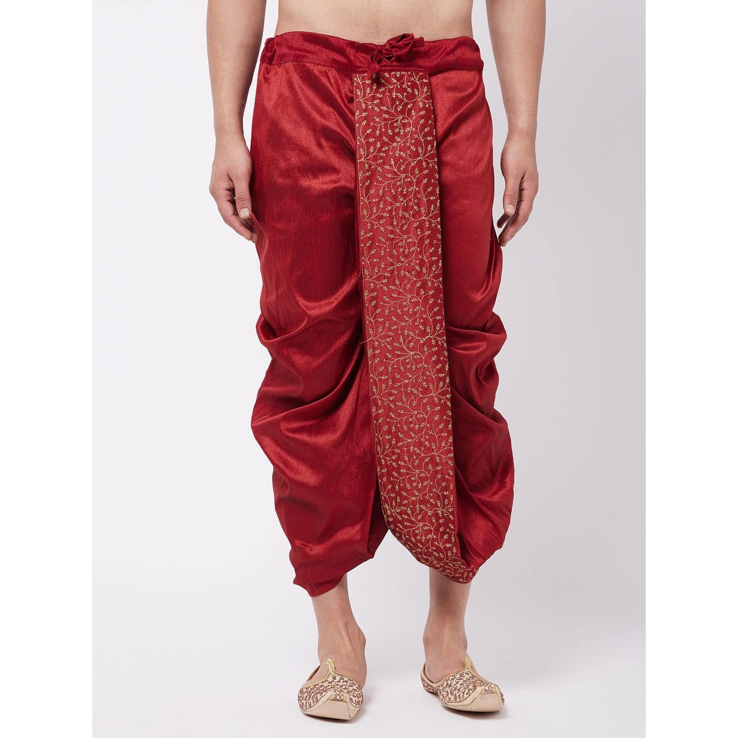VASTRAMAY Men's Maroon Silk Blend Embroidered Dhoti_VASMDT011MA_F