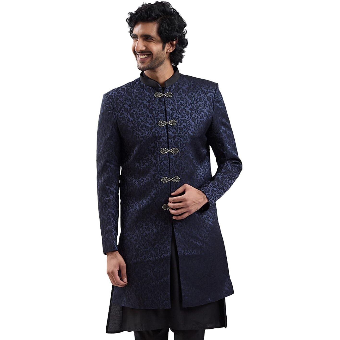 VASTRAMAY Men's Navy Blue Silk Blend Sherwani Only Top - Silk Blend Jacquard Indo Western for Men