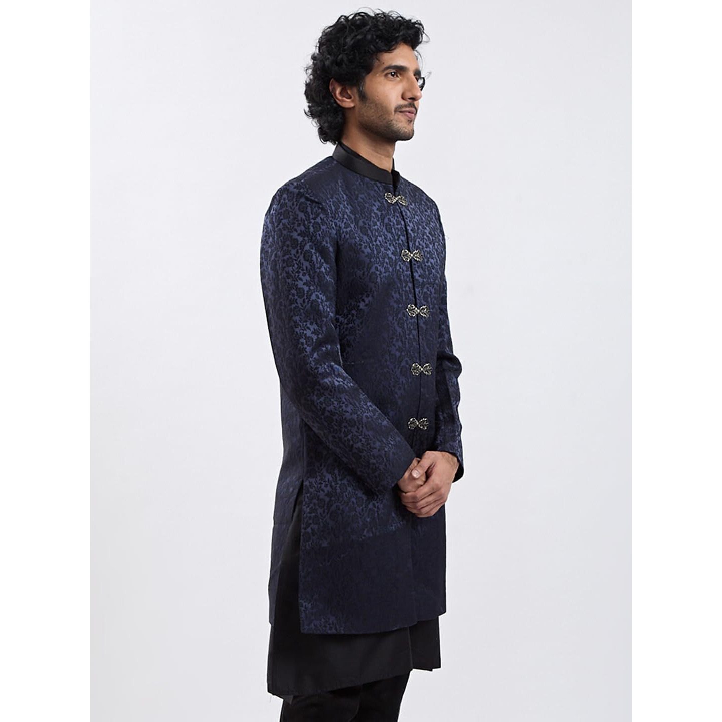 VASTRAMAY Men's Navy Blue Silk Blend Sherwani Only Top - Silk Blend Jacquard Indo Western for Men
