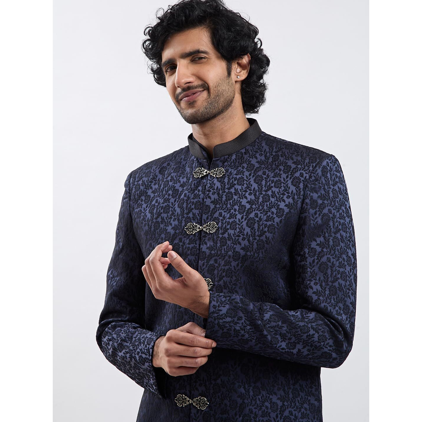 VASTRAMAY Men's Navy Blue Silk Blend Sherwani Only Top - Silk Blend Jacquard Indo Western for Men