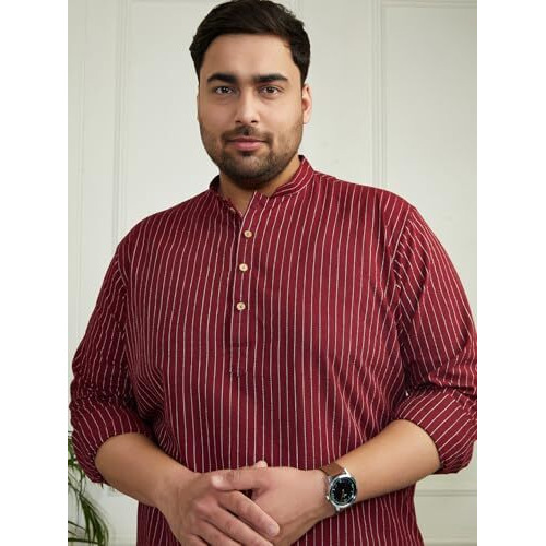 VASTRAMAY Woven Stripe Short Kurta for Men | Ethnic & Casual Wear | Festive Maroon
