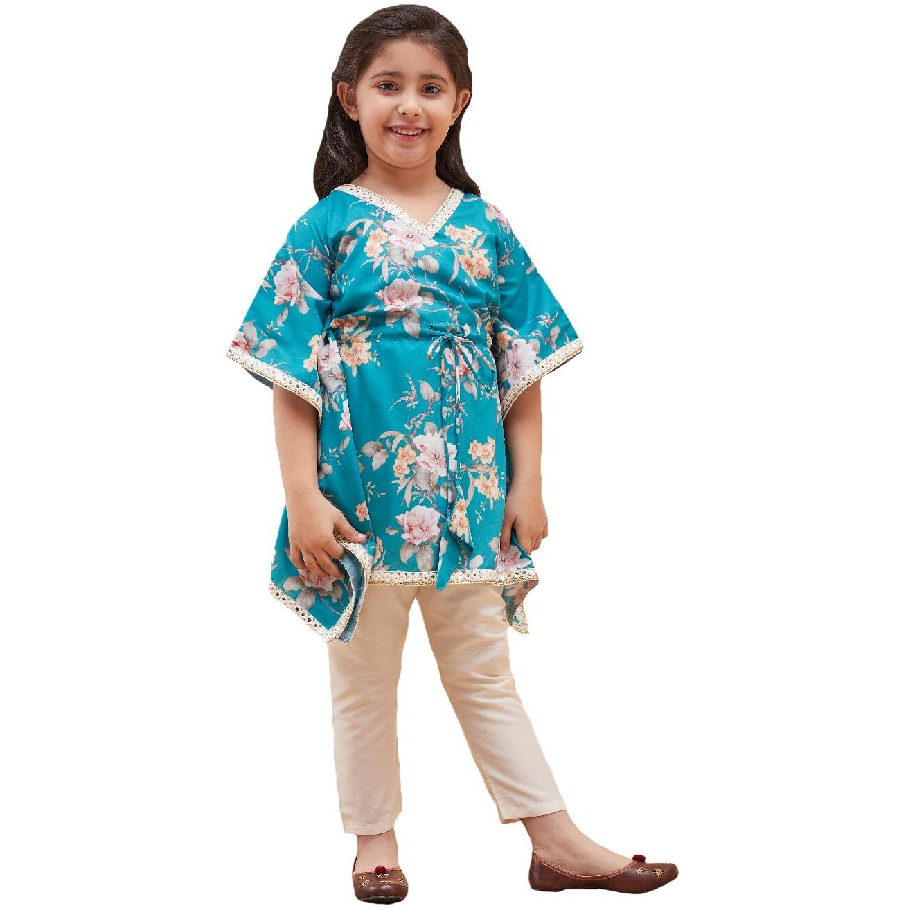 VASTRAMAY Girls' Turquoise And Cream Kaftan And Pant Set_VASGK005TQnGP02CR_34L