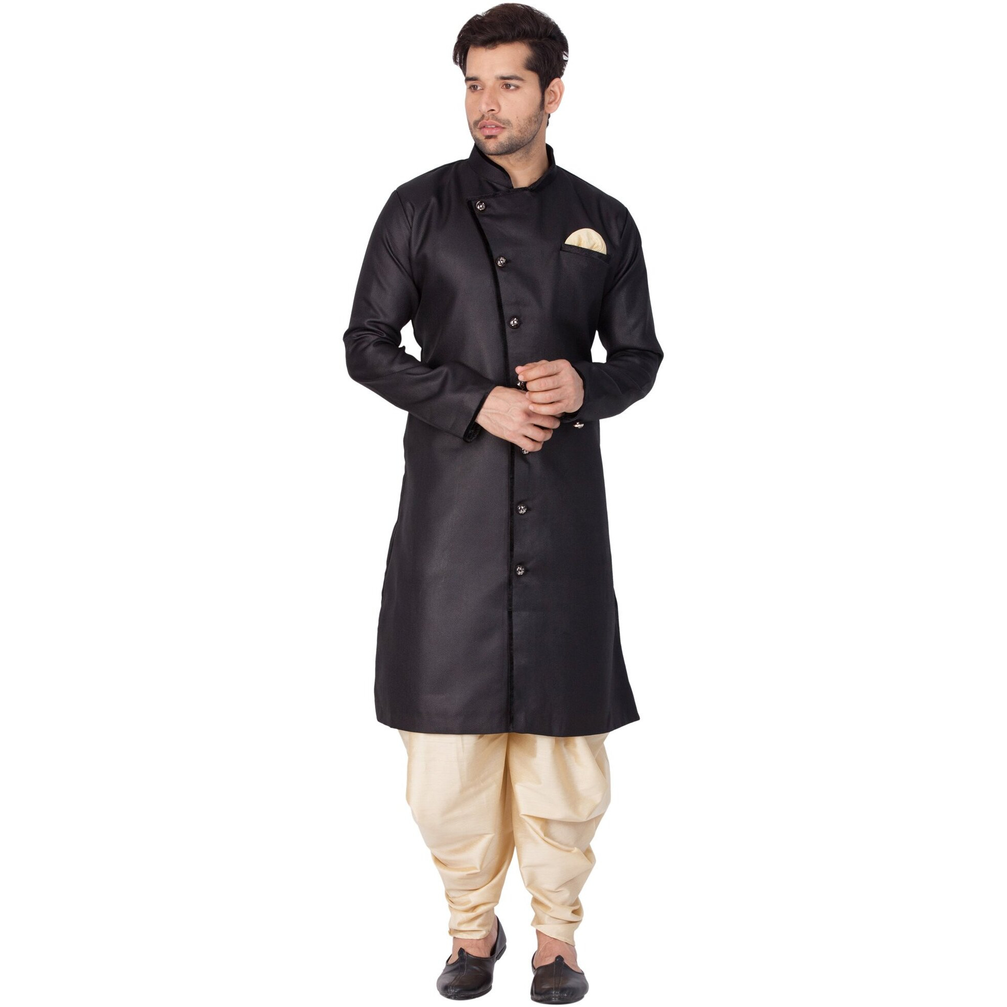 VASTRAMAY Men Cotton Blend Sherwani Style Kurta Set (Black_VASMSW120GO_40)
