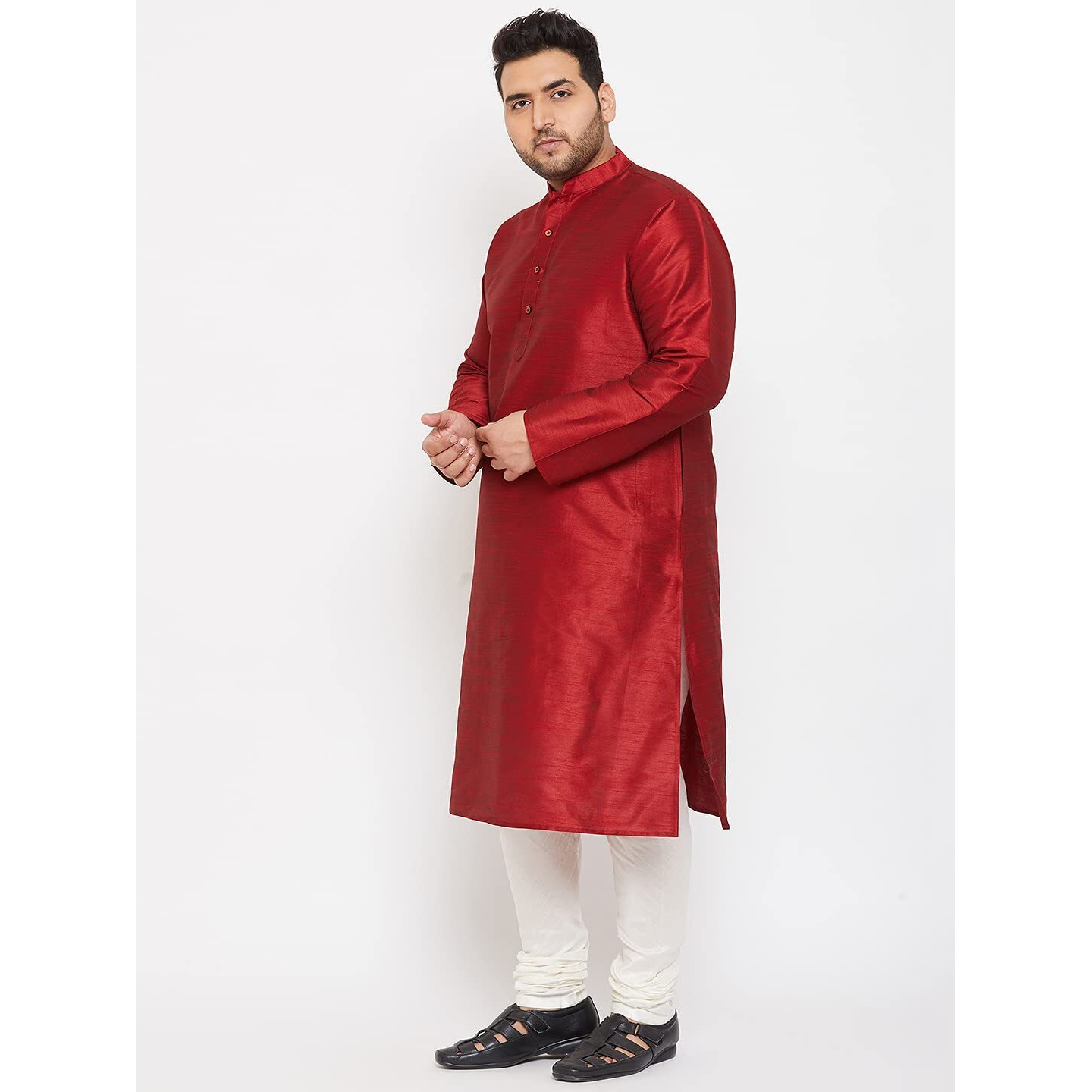 VASTRAMAY Plus Size Men's Silk Blend Kurta Set-New Maroon