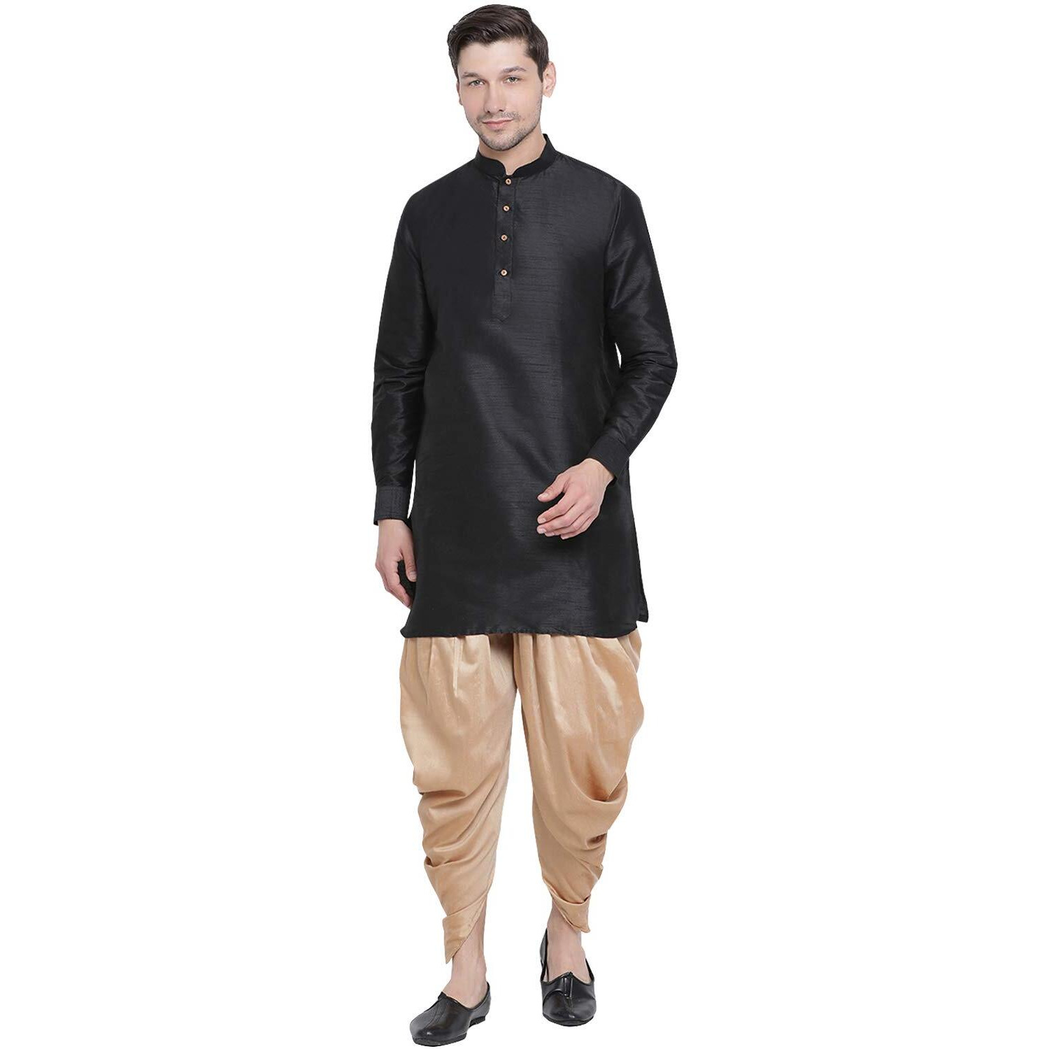 VASTRAMAY Men's Black Cotton Silk Blend Kurta and Dhoti Pant Set_VASMUK001BLnCDRG_46