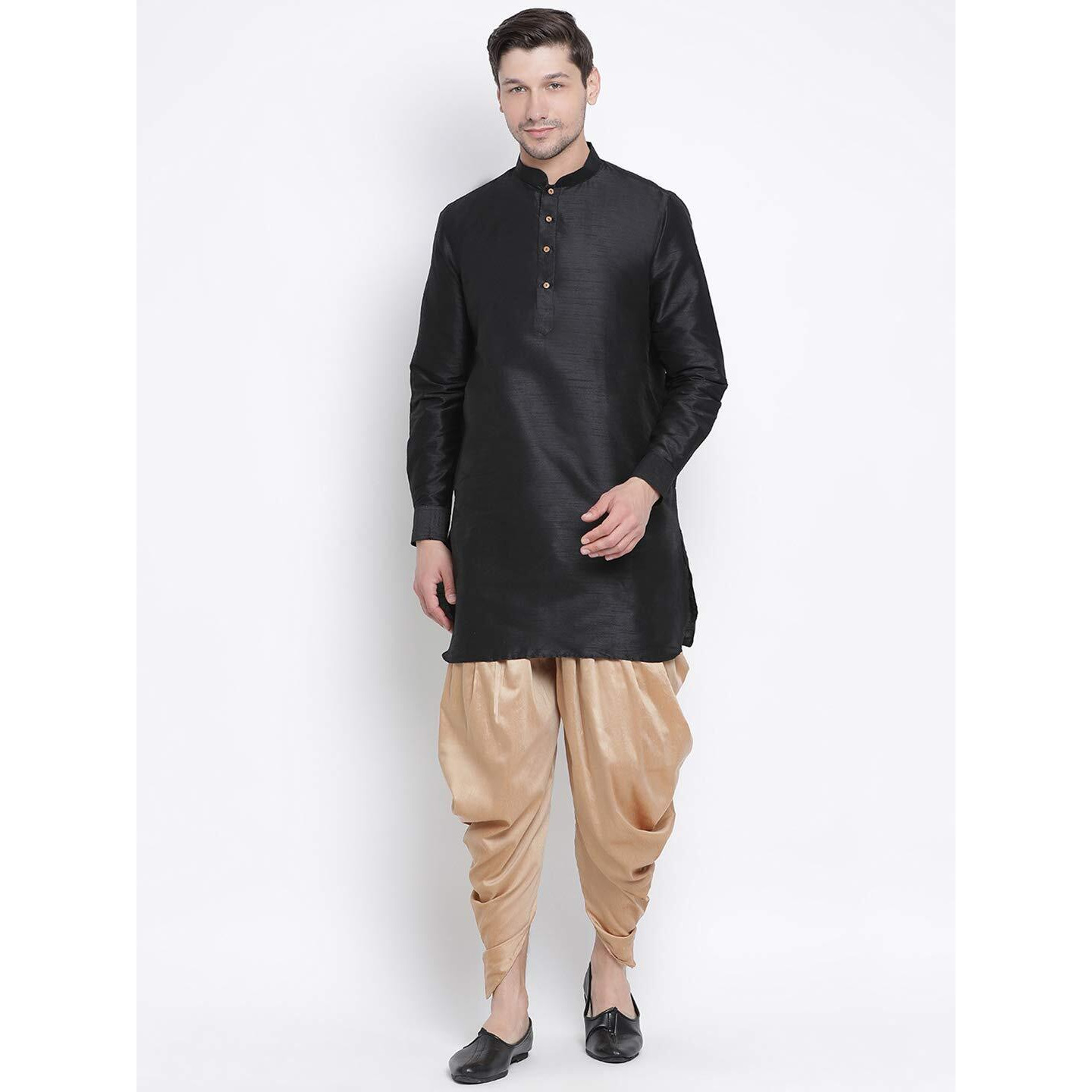 VASTRAMAY Men's Black Cotton Silk Blend Kurta and Dhoti Pant Set_VASMUK001BLnCDRG_46