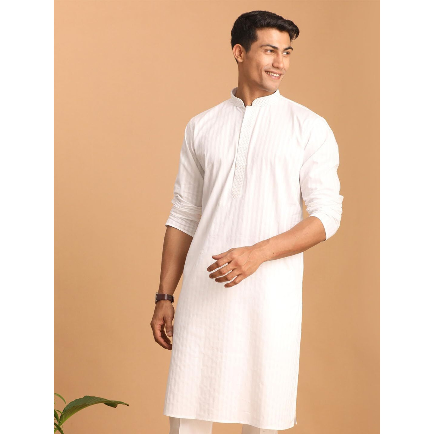 VASTRAMAY Men's White Cotton Blend Kurta || Embroidered Placket Cotton Kurta for Men || Elegant for Holi & EID Celebration_VASMK194WH_42