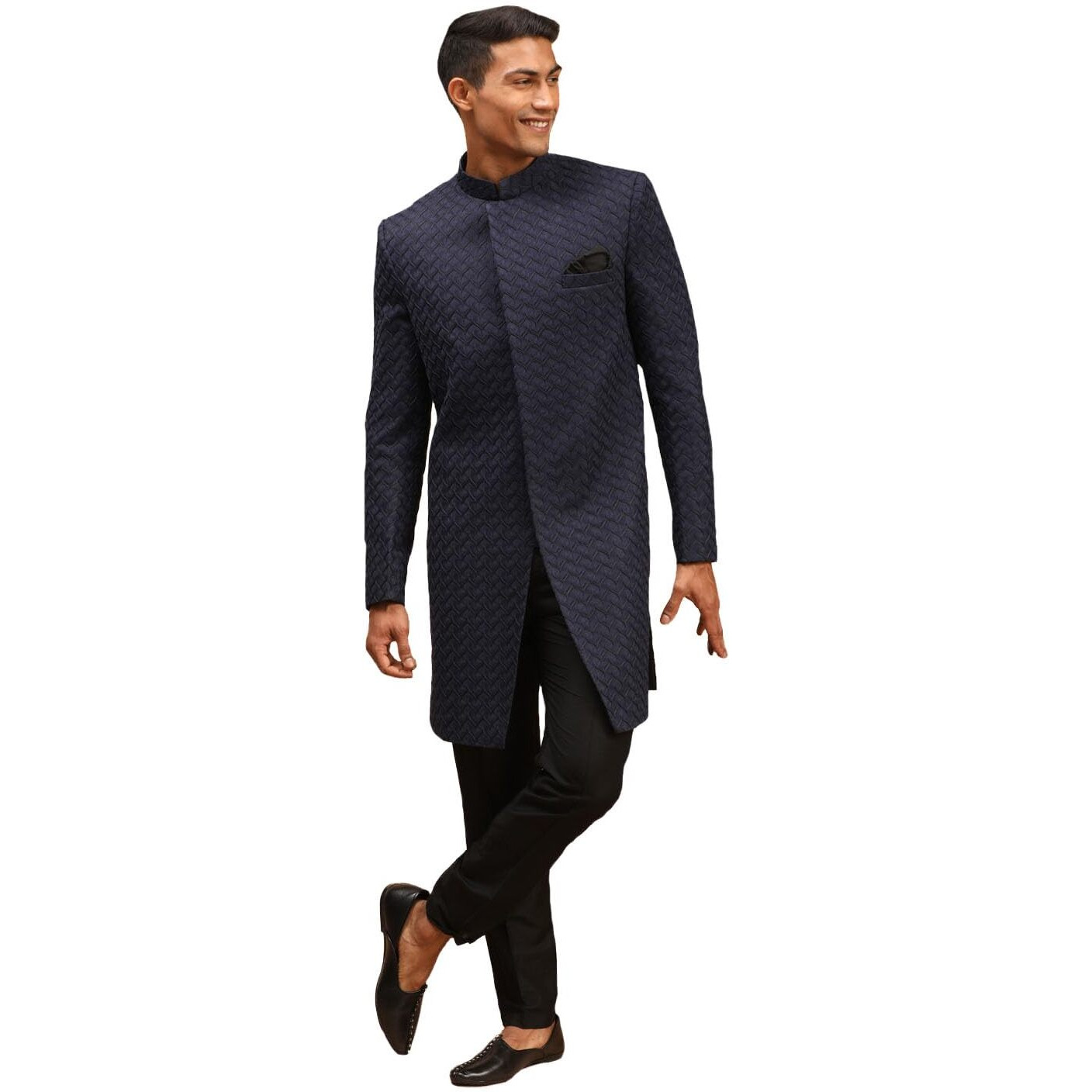 VASTRAMAY Men's Navy Blue And Black Silk Blend Sherwani Set | Imported Fabric Designer Indowestern & Pant style Pyjama Set