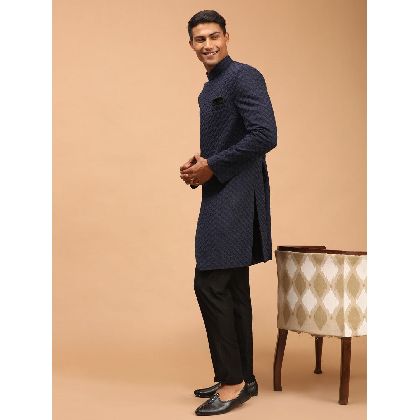 VASTRAMAY Men's Navy Blue And Black Silk Blend Sherwani Set | Imported Fabric Designer Indowestern & Pant style Pyjama Set