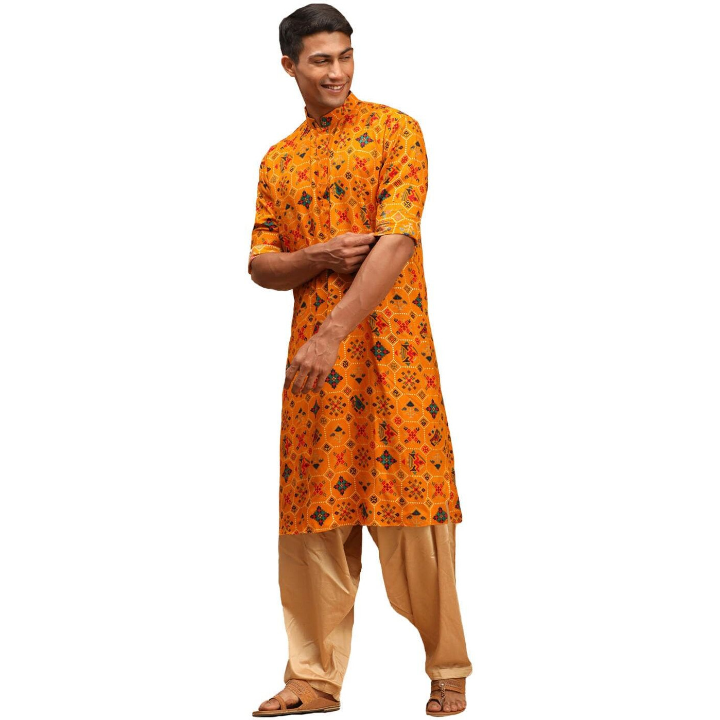 VASTRAMAY Men's Yellow and Rose Gold Cotton Blend Kurta and Patiala Set_VASMK160YWnPTYRG_40