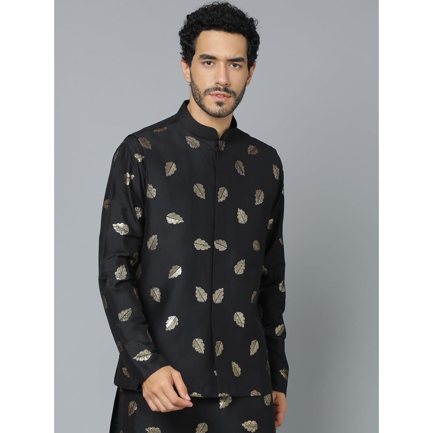 VASTRAMAY Men's Black Sequins Nehru Jacket