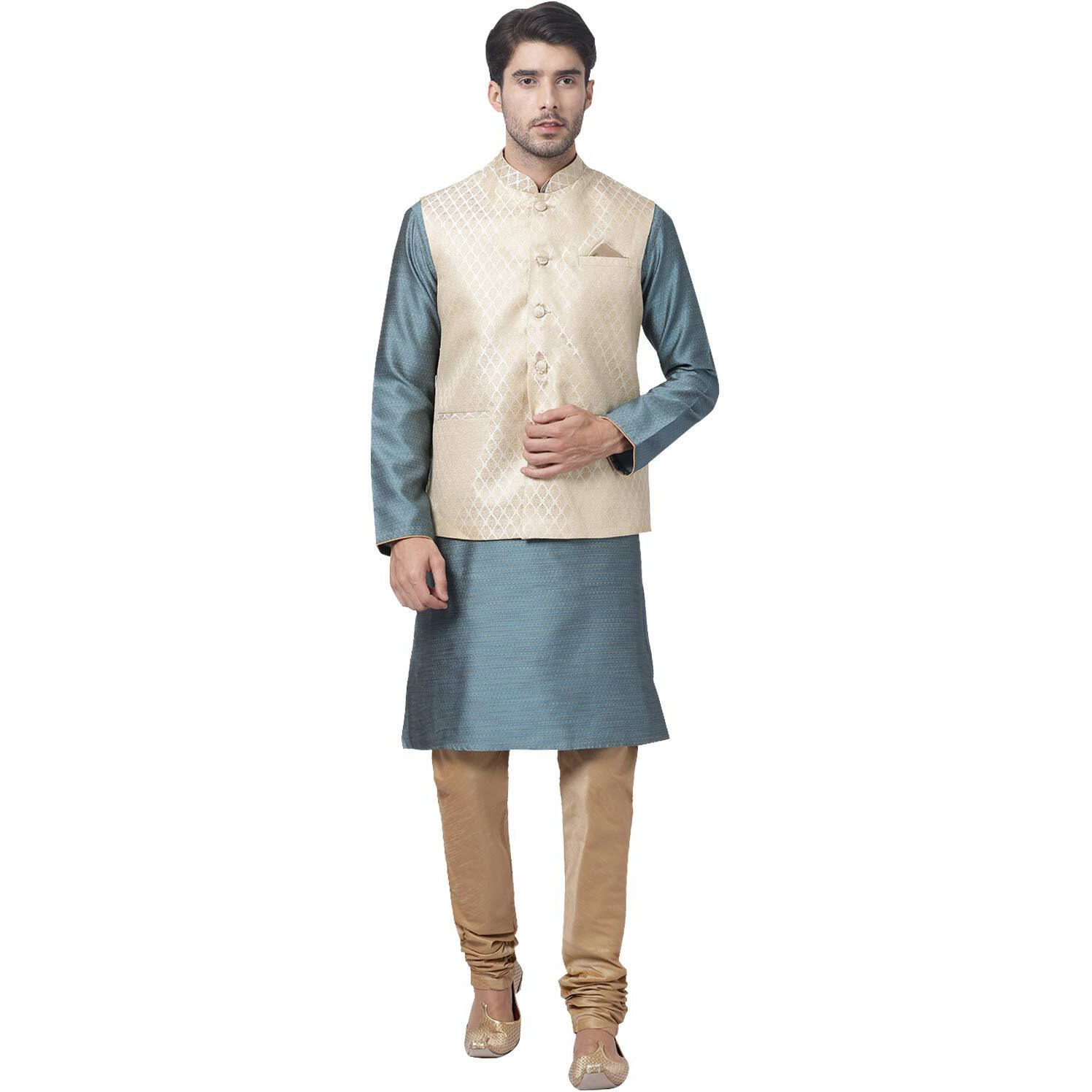 VASTRAMAY Men's Aqua Cotton Silk Blend Kurta, Ethnic Jacket and Pyjama Set_VASMJ005CRnMK047AQnPRG_40