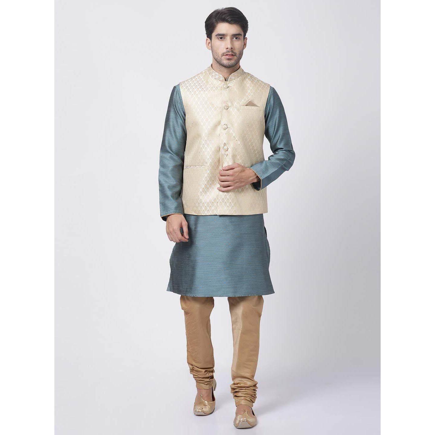 VASTRAMAY Men's Aqua Cotton Silk Blend Kurta, Ethnic Jacket and Pyjama Set_VASMJ005CRnMK047AQnPRG_40