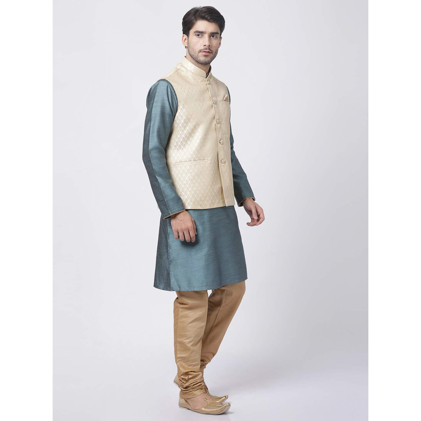 VASTRAMAY Men's Aqua Cotton Silk Blend Kurta, Ethnic Jacket and Pyjama Set_VASMJ005CRnMK047AQnPRG_40
