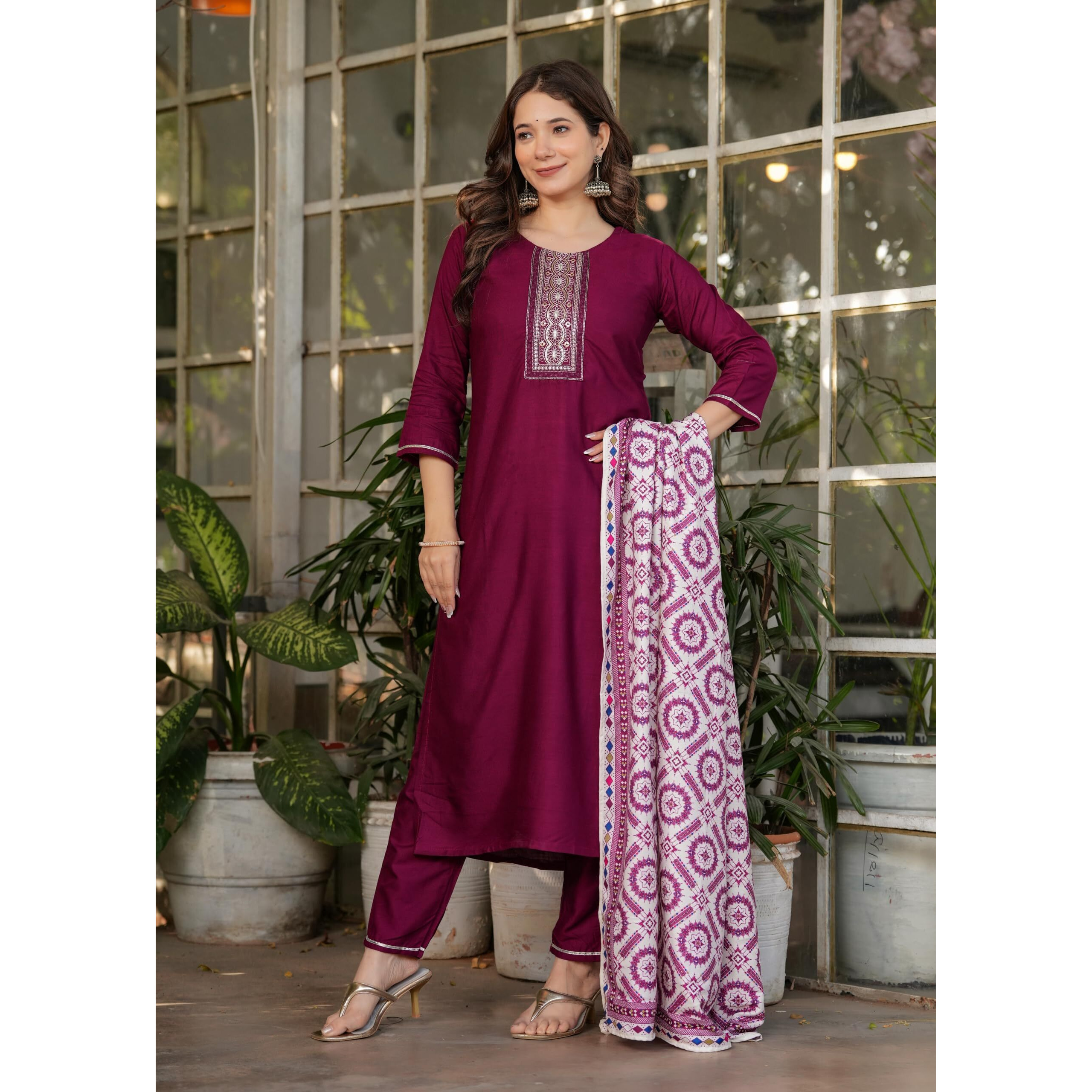 Wedani Rayon Sequence Embroidered Kurta Set with Dupatta for Women - Maroon