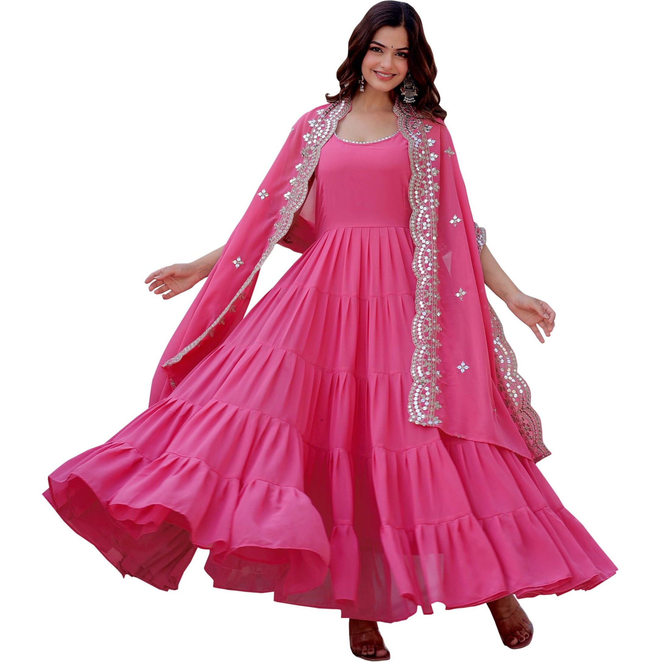 Wedani Women Floral Print Anarkali Kurta with Pant and Dupatta Pink
