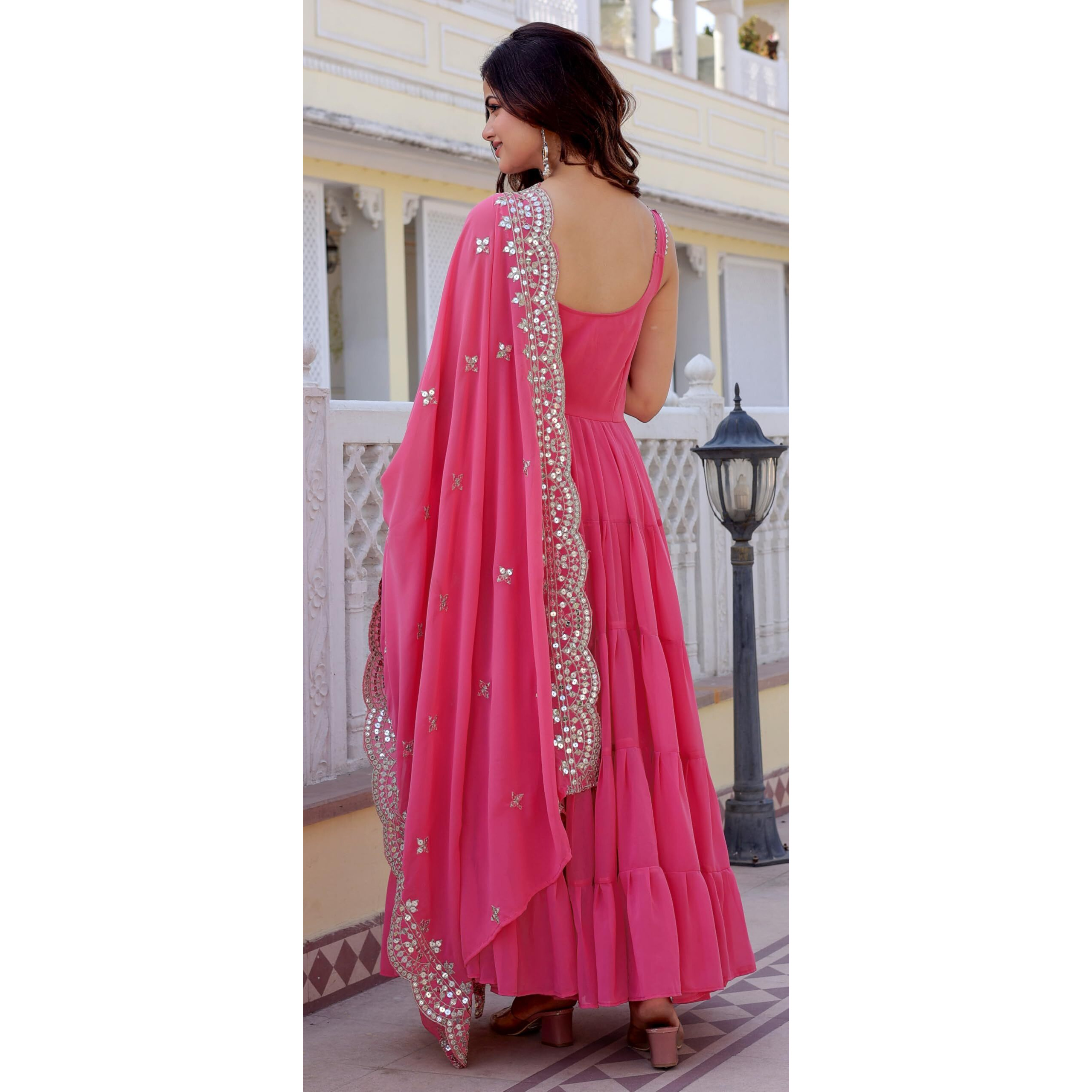 Wedani Women Floral Print Anarkali Kurta with Pant and Dupatta Pink