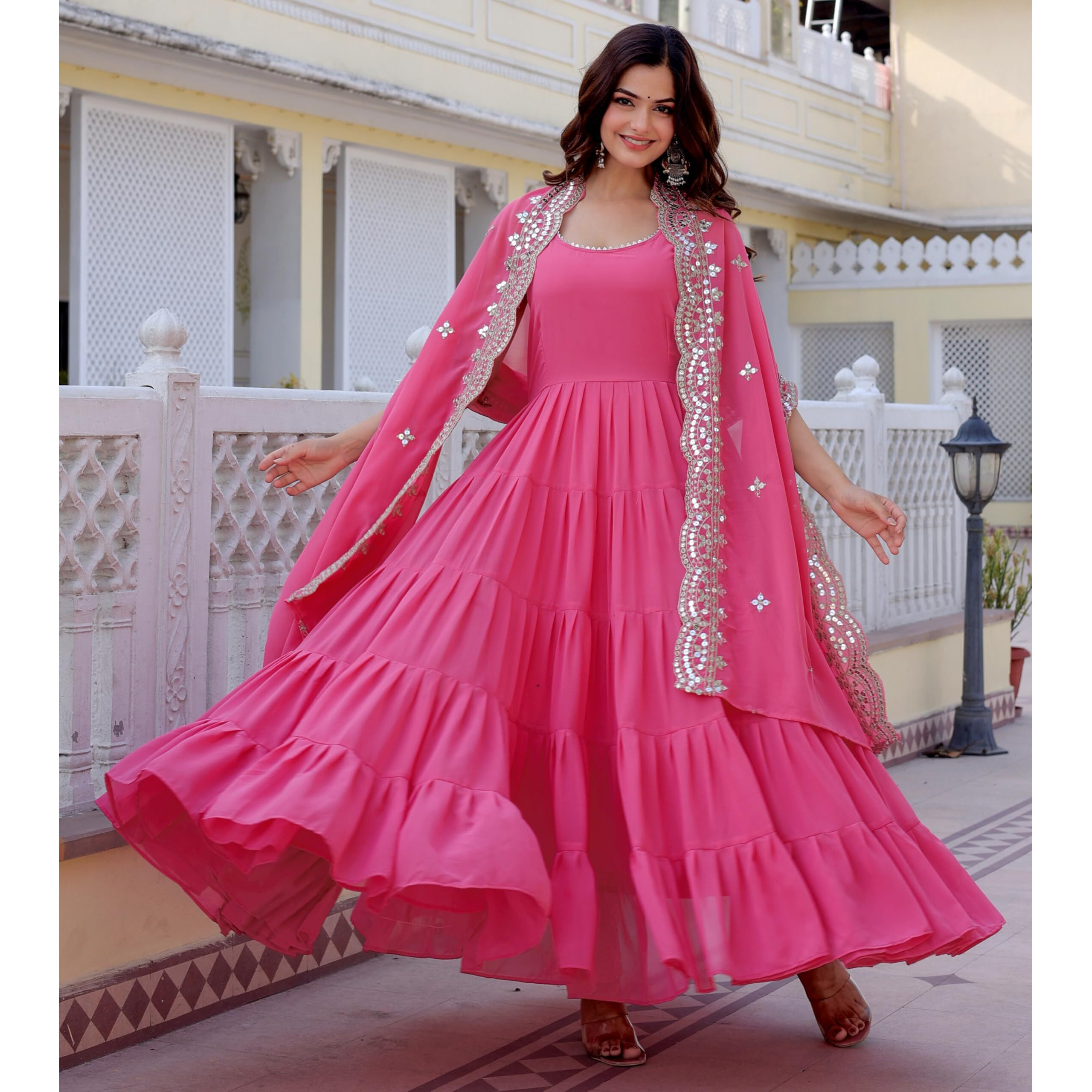 Wedani Women Floral Print Anarkali Kurta with Pant and Dupatta Pink
