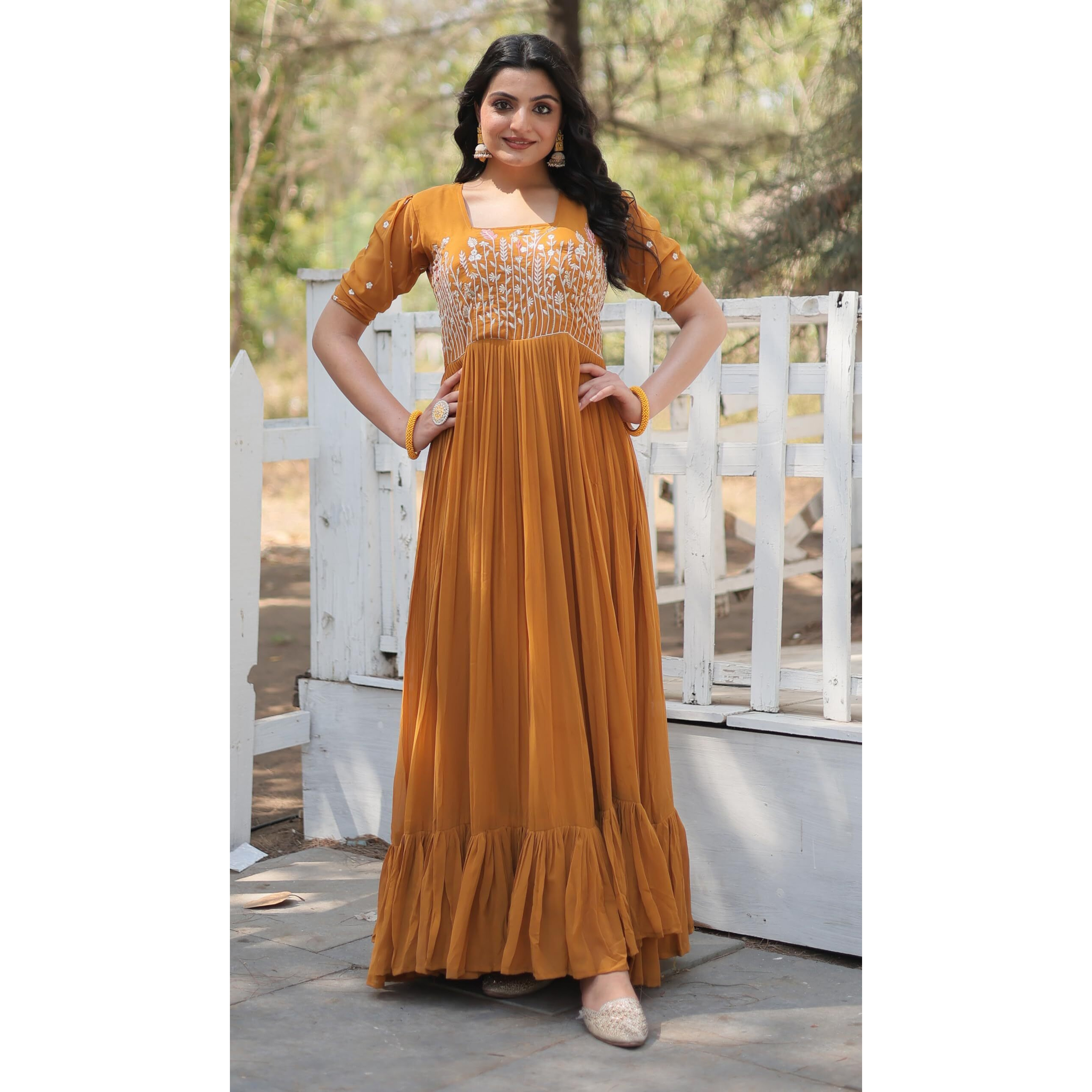 Wedani Faux Georgette Anarkali Kurta Set with Thread Work for Women (in, Alpha, XL, Regular, Yellow)