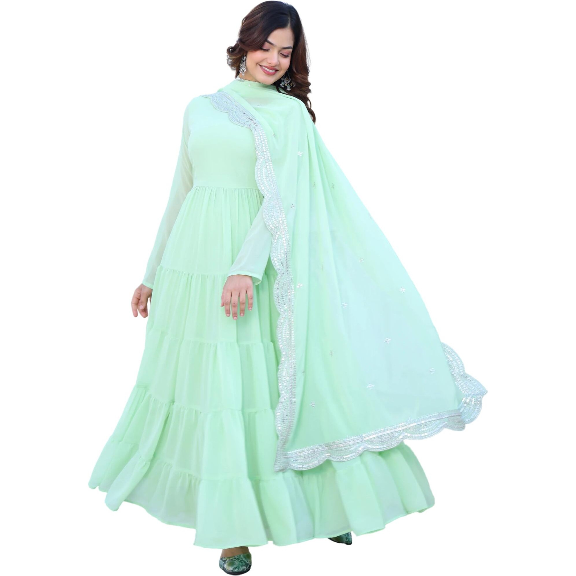 Wedani Georgette Sequins Work Anarkali Kurta Set for Women Light Green