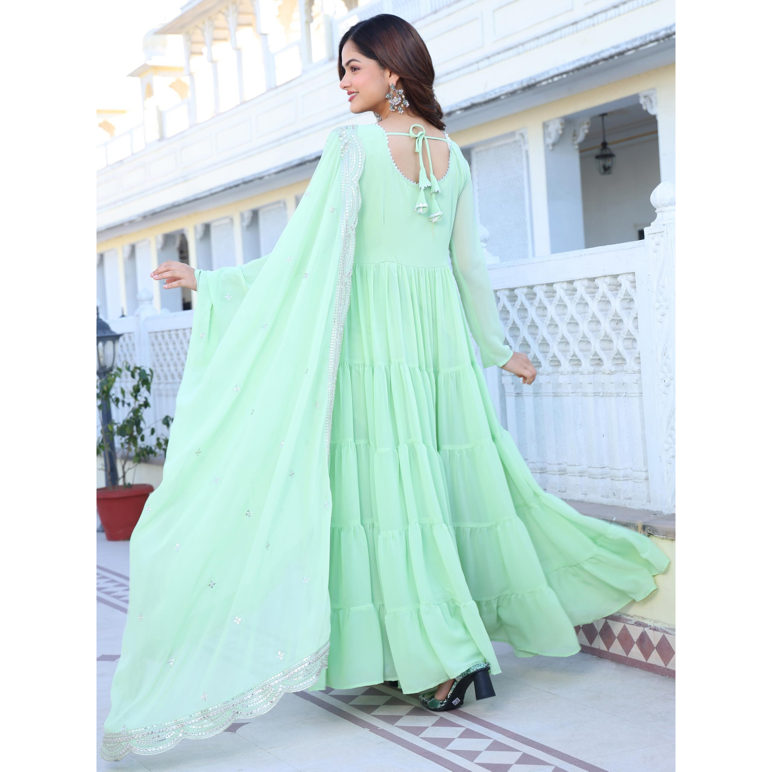 Wedani Georgette Sequins Work Anarkali Kurta Set for Women Light Green