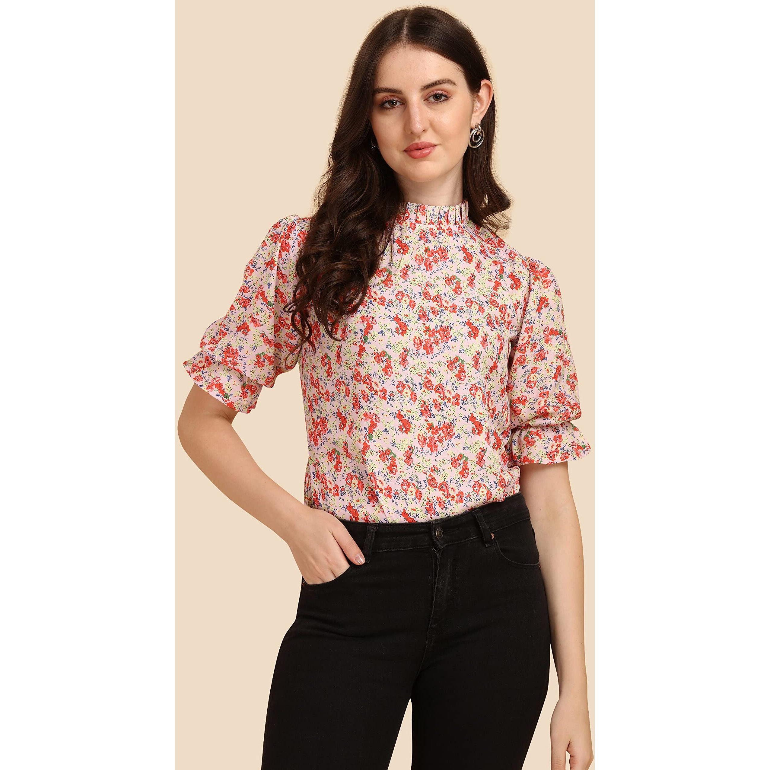 Wedani Women's Casual Puff Sleeves Ruffled Collor Foral Top (Large, Pink)