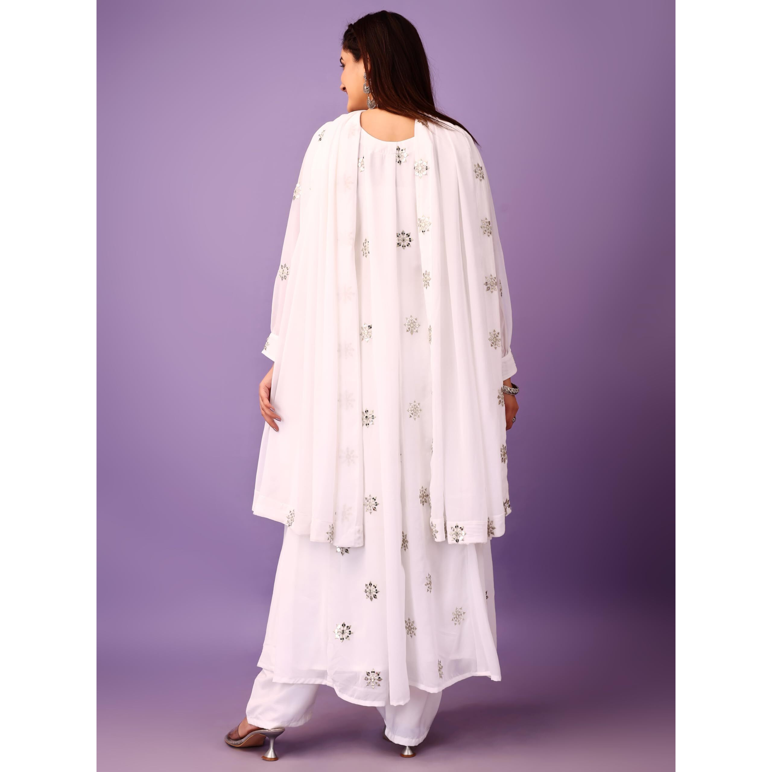 Wedani Georgette Embroidered Anarkali Kurta Set for Women (in, Alpha, XL, Regular, White)