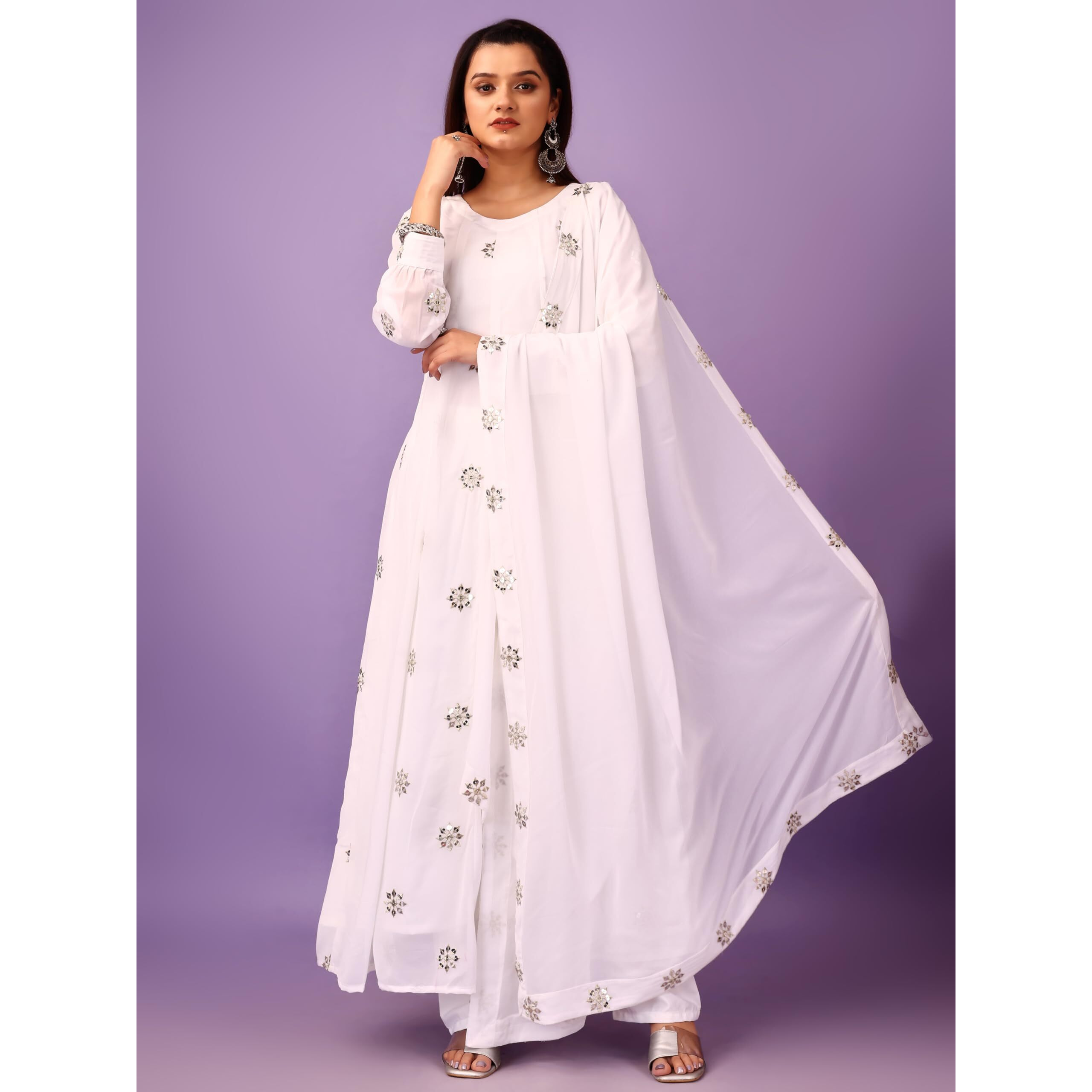 Wedani Georgette Embroidered Anarkali Kurta Set for Women (in, Alpha, XL, Regular, White)