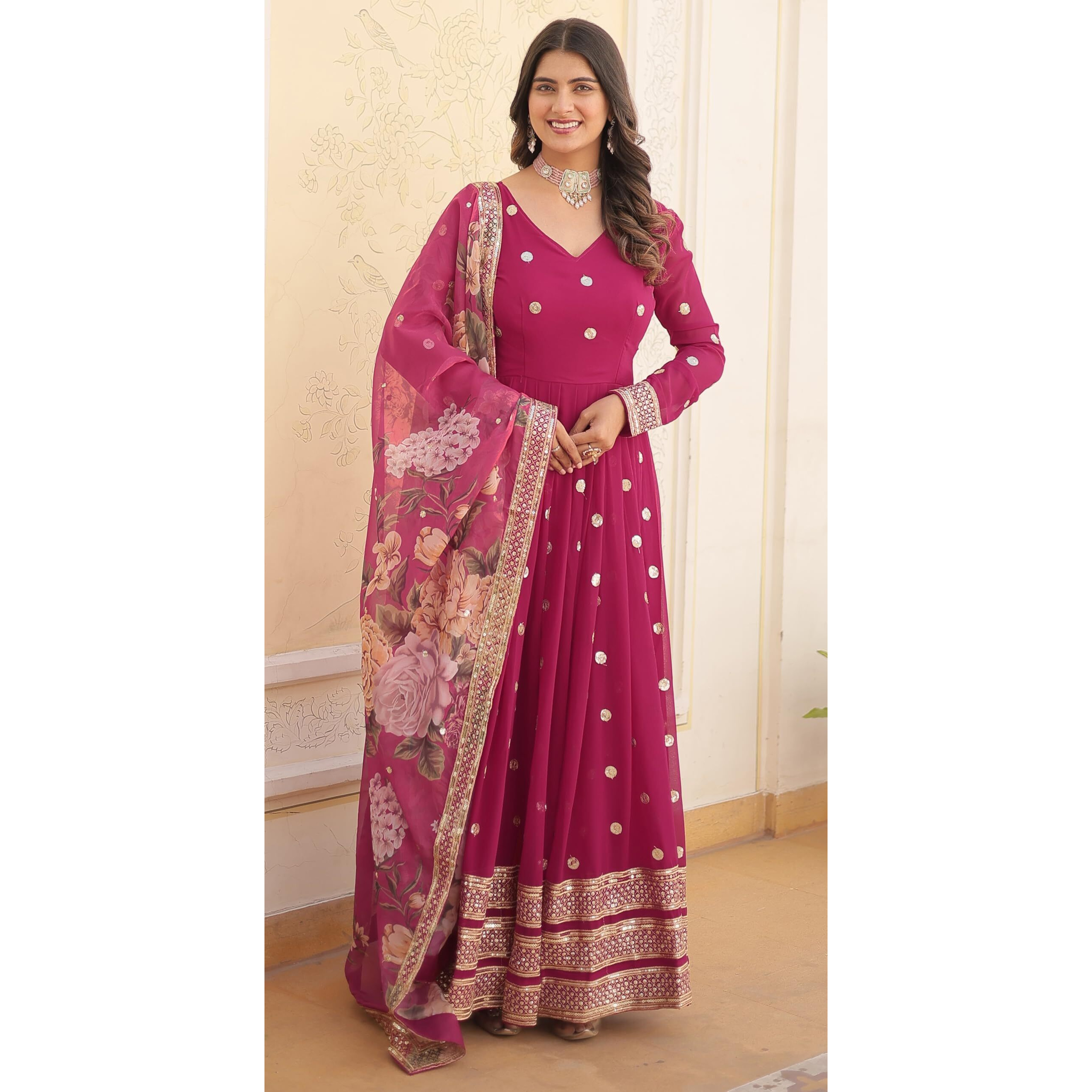 Wedani Faux Georgette Embroidered Sequins Anarkali Kurta Set for Women (in, Alpha, M, Regular, Pink)