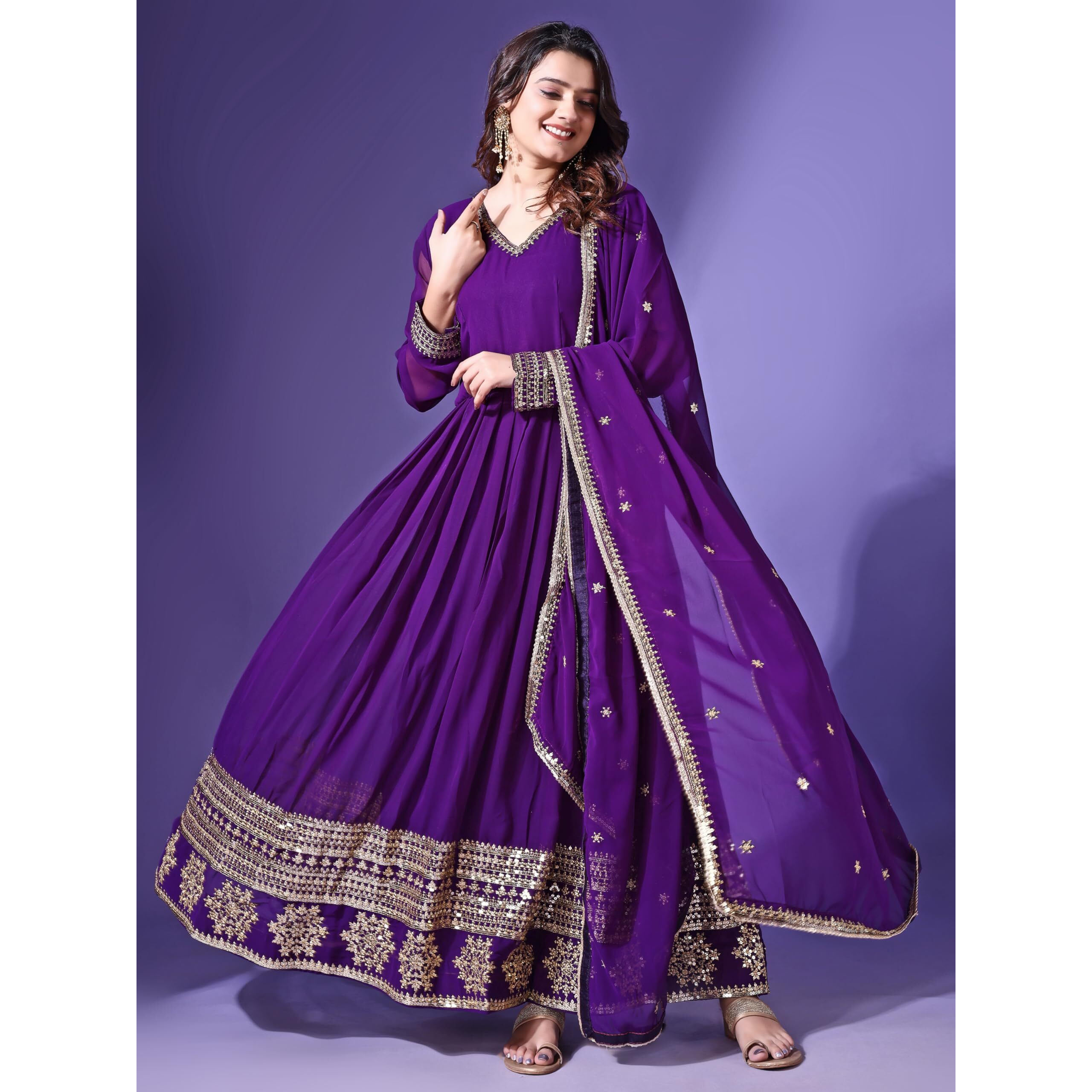 Wedani Faux Georgette Embroidered Anarkali Dress for Women (in, Alpha, S, Regular, Purple)