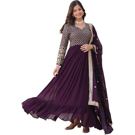 Weadni Georgette Embroidered Work Anarkali Kurta Set For women (IN, Alpha, M, Regular, WINE)