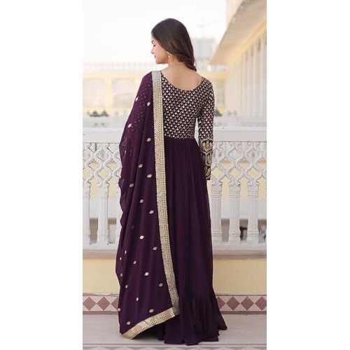 Weadni Georgette Embroidered Work Anarkali Kurta Set For women (IN, Alpha, M, Regular, WINE)
