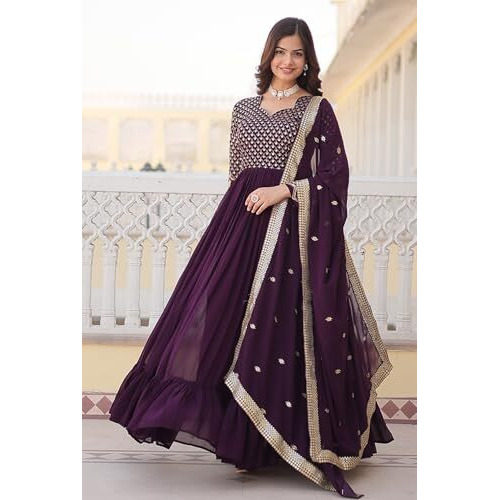 Weadni Georgette Embroidered Work Anarkali Kurta Set For women (IN, Alpha, M, Regular, WINE)