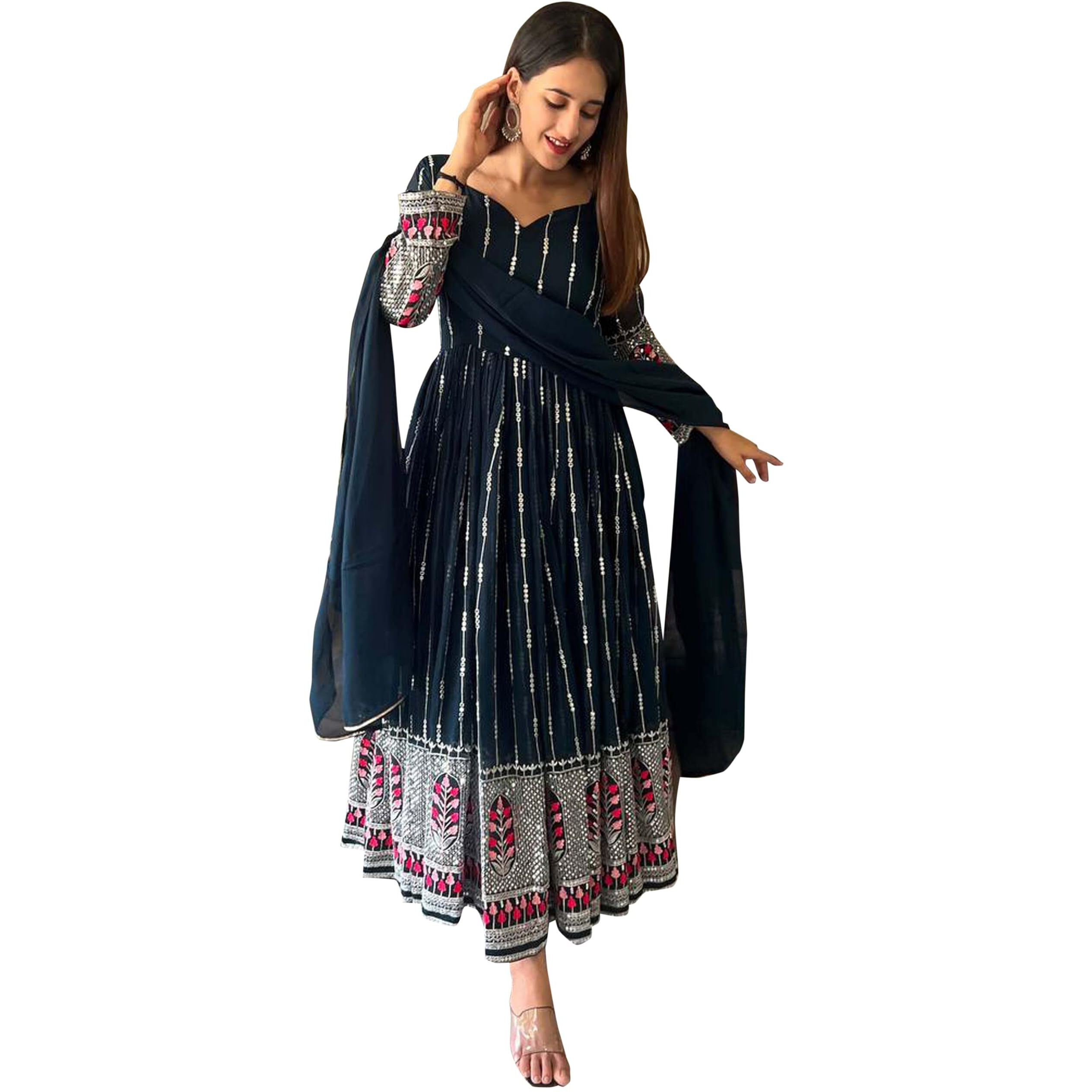 Women Floral Print Anarkali Kurta With Pant and Dupatta (Medium) (XL, Ligth Pink) (XXL, Blue)