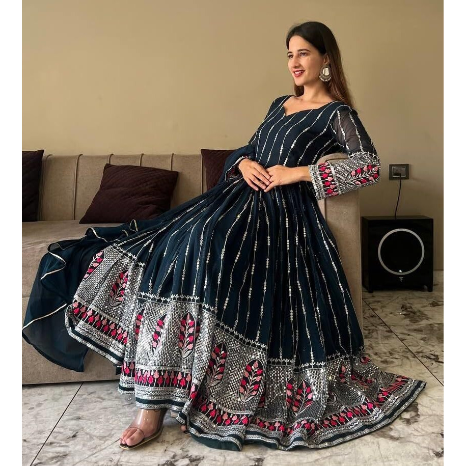 Women Floral Print Anarkali Kurta With Pant and Dupatta (Medium) (XL, Ligth Pink) (XXL, Blue)