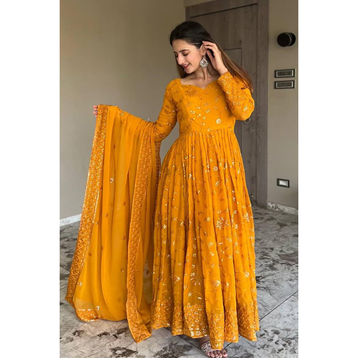 Women Floral Print Anarkali Kurta With Pant and Dupatta (Medium) (XL, Ligth Pink) (M, Yellow)