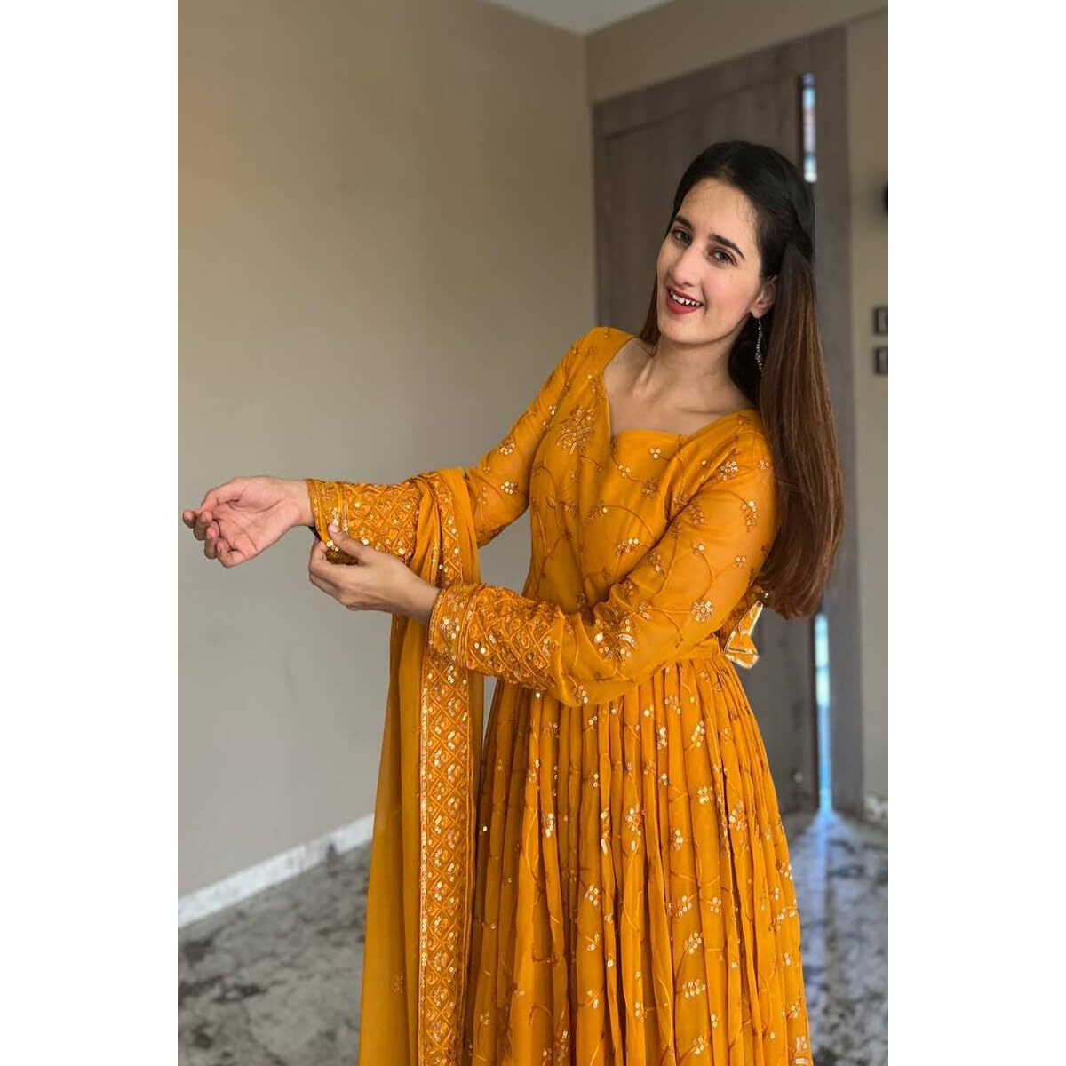 Women Floral Print Anarkali Kurta With Pant and Dupatta (Medium) (XL, Ligth Pink) (M, Yellow)