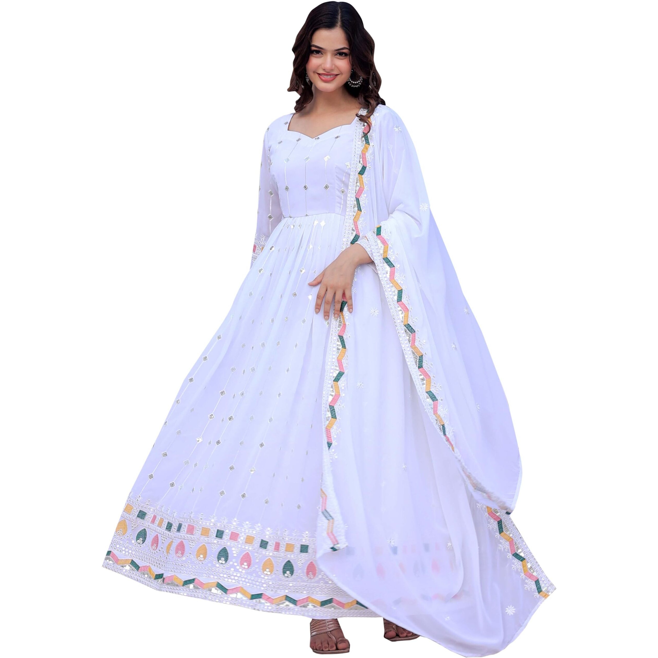 Women Floral Print Anarkali Kurta With Pant and Dupatta (Medium) (XL, Ligth Pink) (XL, White)