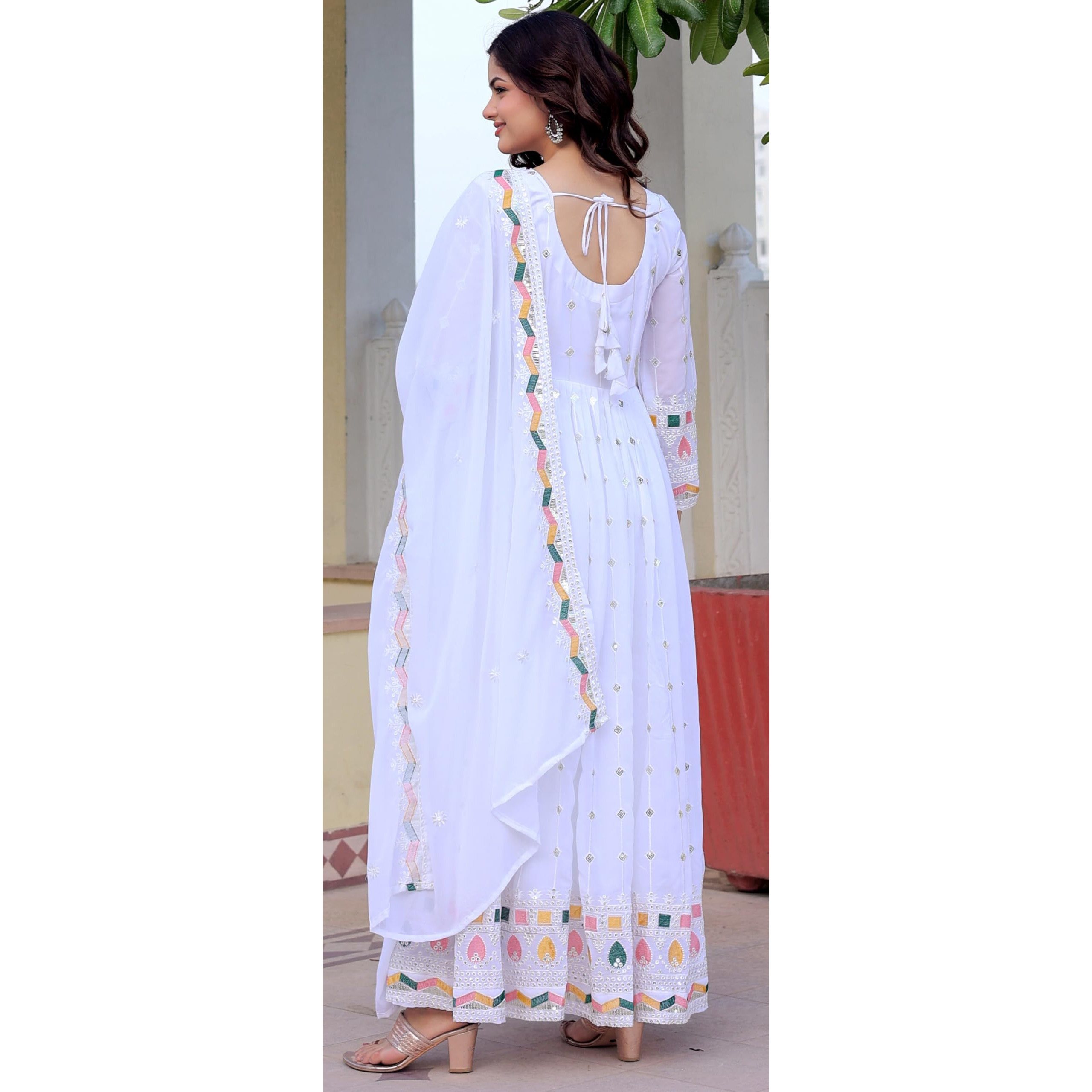 Women Floral Print Anarkali Kurta With Pant and Dupatta (Medium) (XL, Ligth Pink) (XL, White)