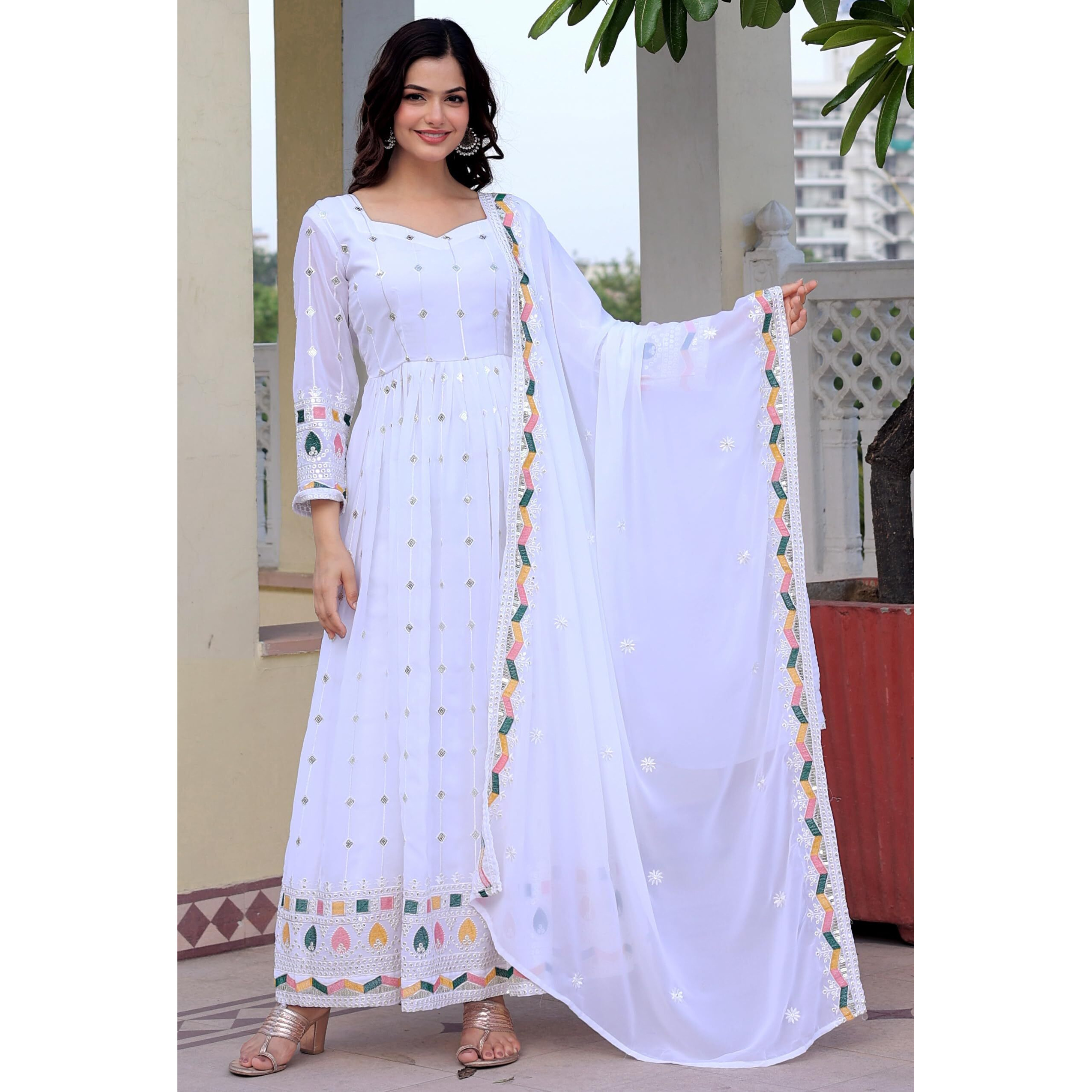 Women Floral Print Anarkali Kurta With Pant and Dupatta (Medium) (XL, Ligth Pink) (XL, White)