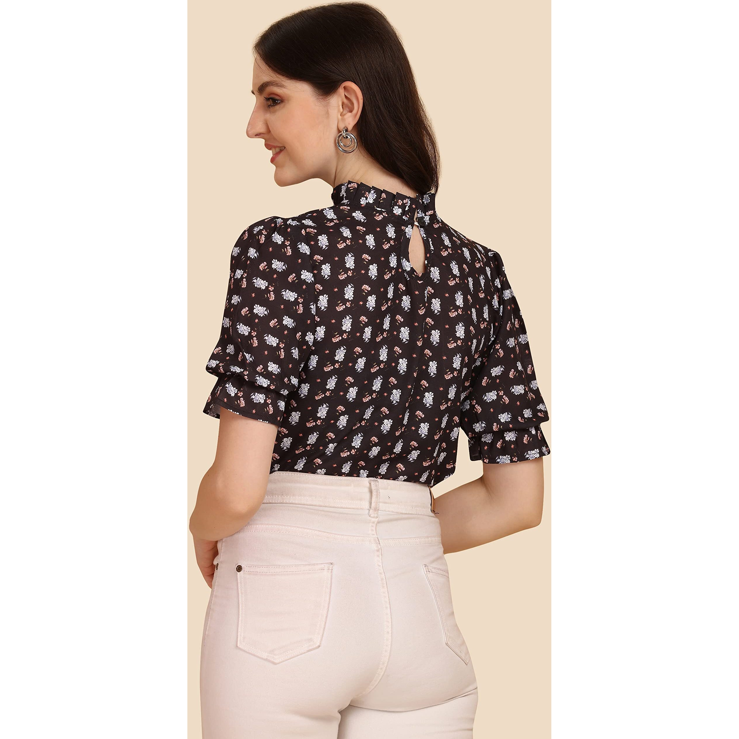 Wedani Women's Casual Puff Sleeves Ruffled Collor Foral Top (Large, Black-2)