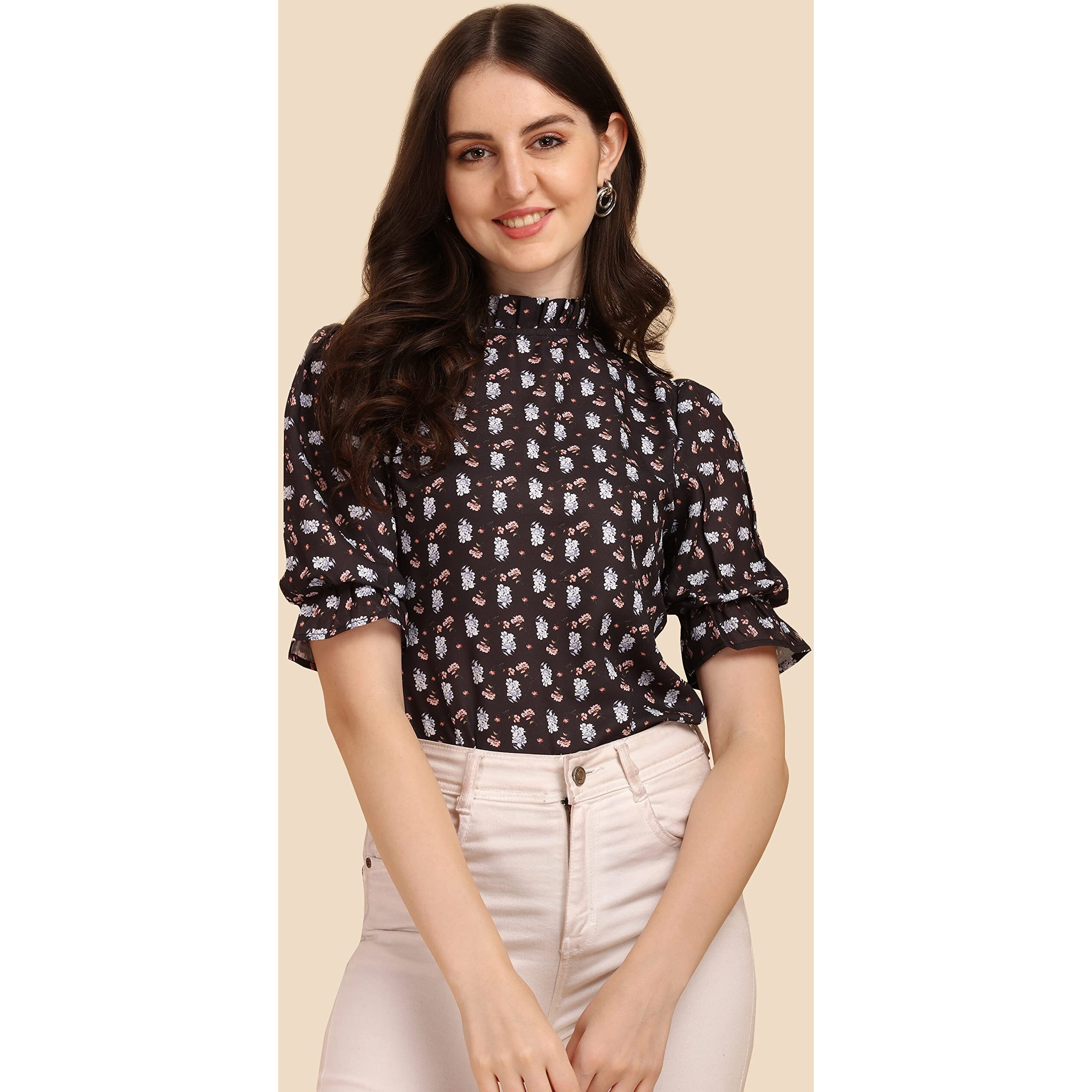 Wedani Women's Casual Puff Sleeves Ruffled Collor Foral Top (Large, Black-2)