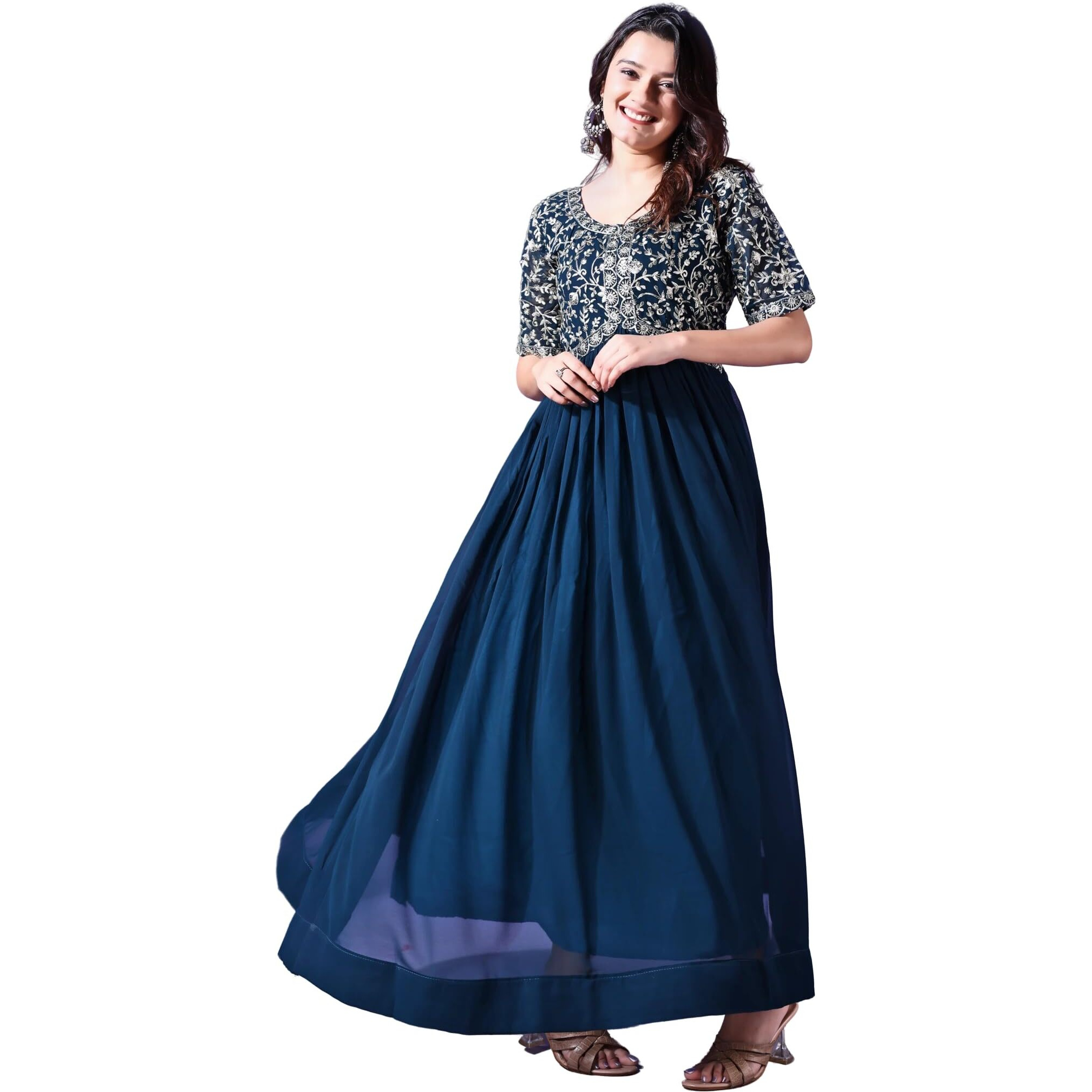 Wedani Georgette Embroidered Long Gown for Women Turquoise