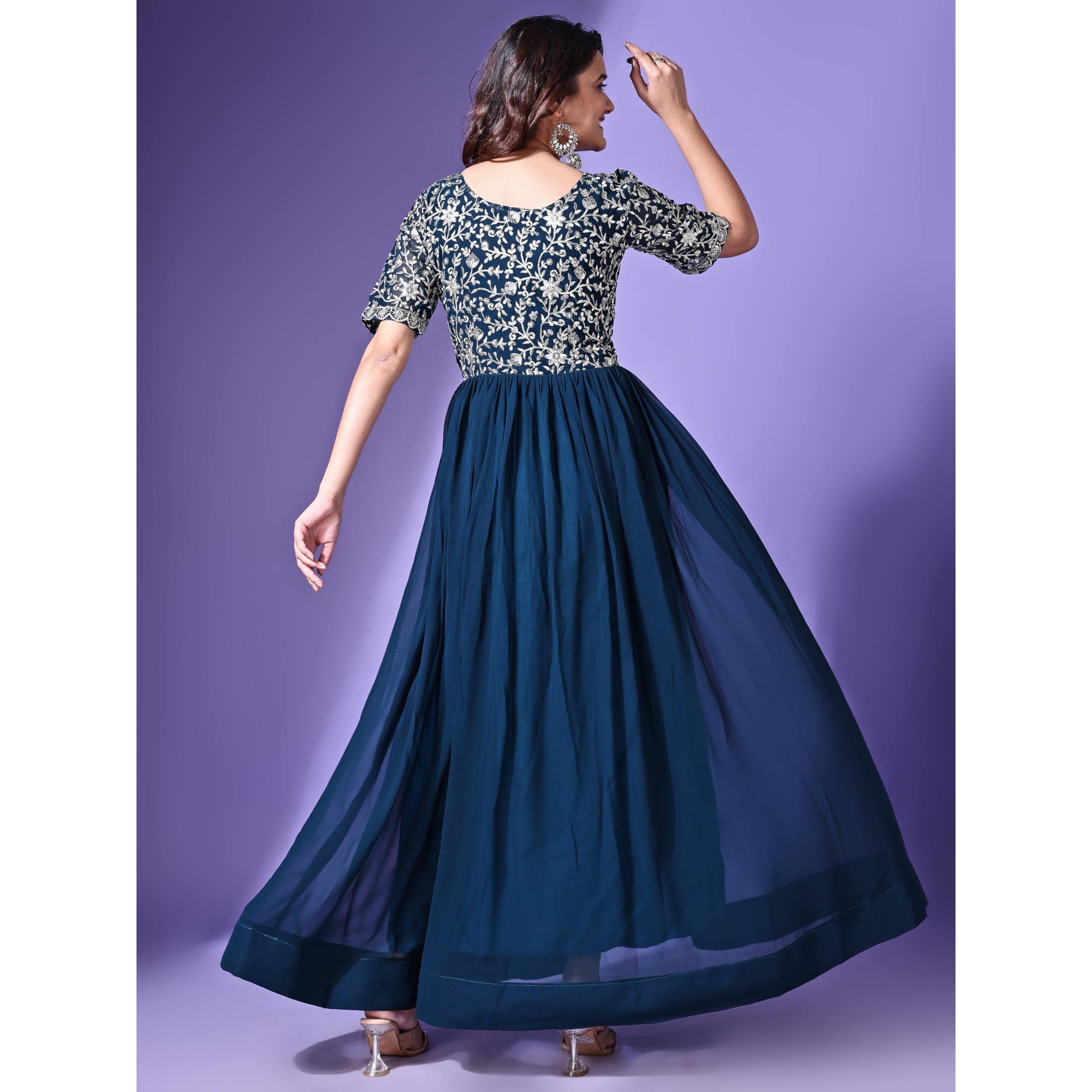 Wedani Georgette Embroidered Long Gown for Women Turquoise
