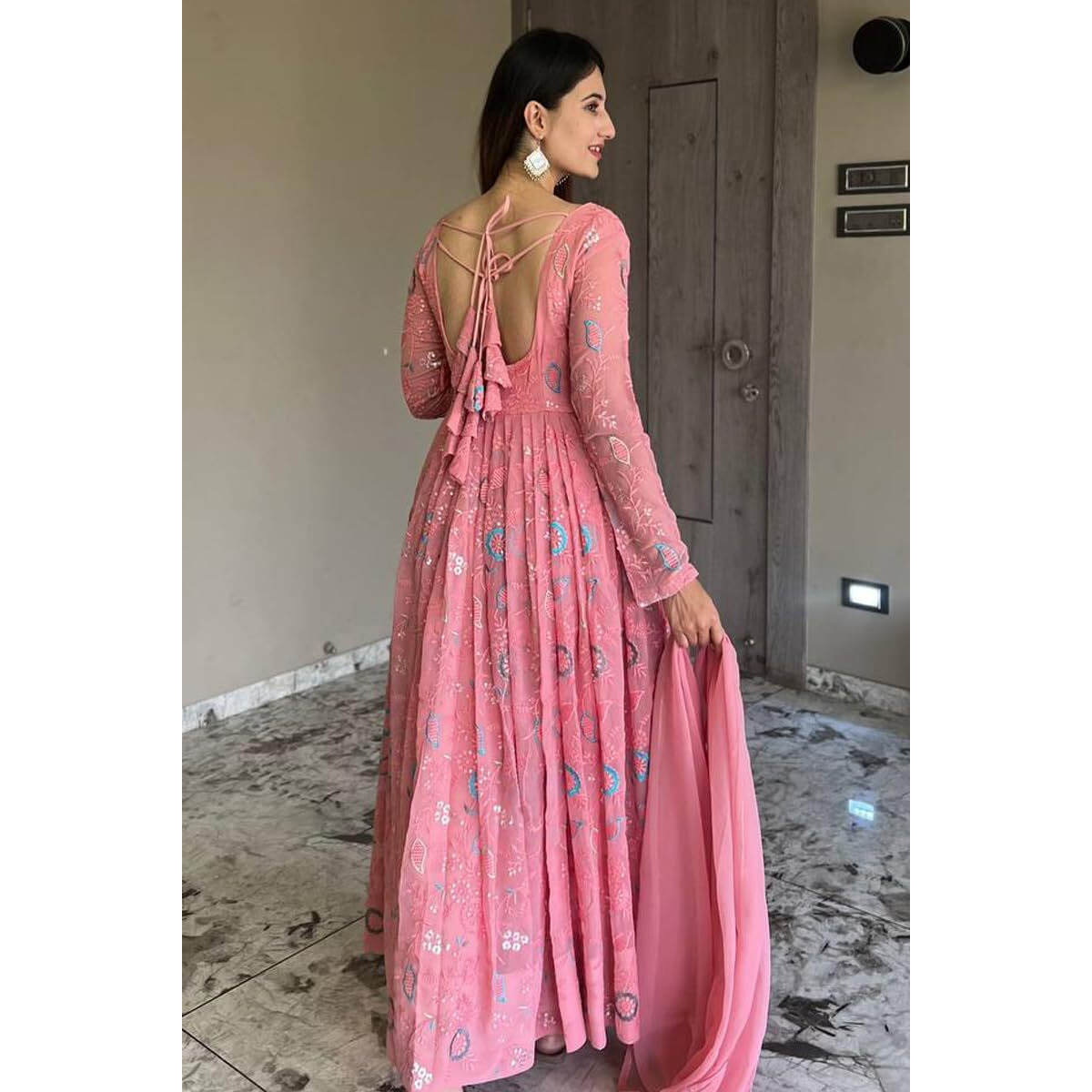 Women Floral Print Anarkali Kurta With Pant and Dupatta (Medium) (XL, Ligth Pink) (L, Ligth Pink)