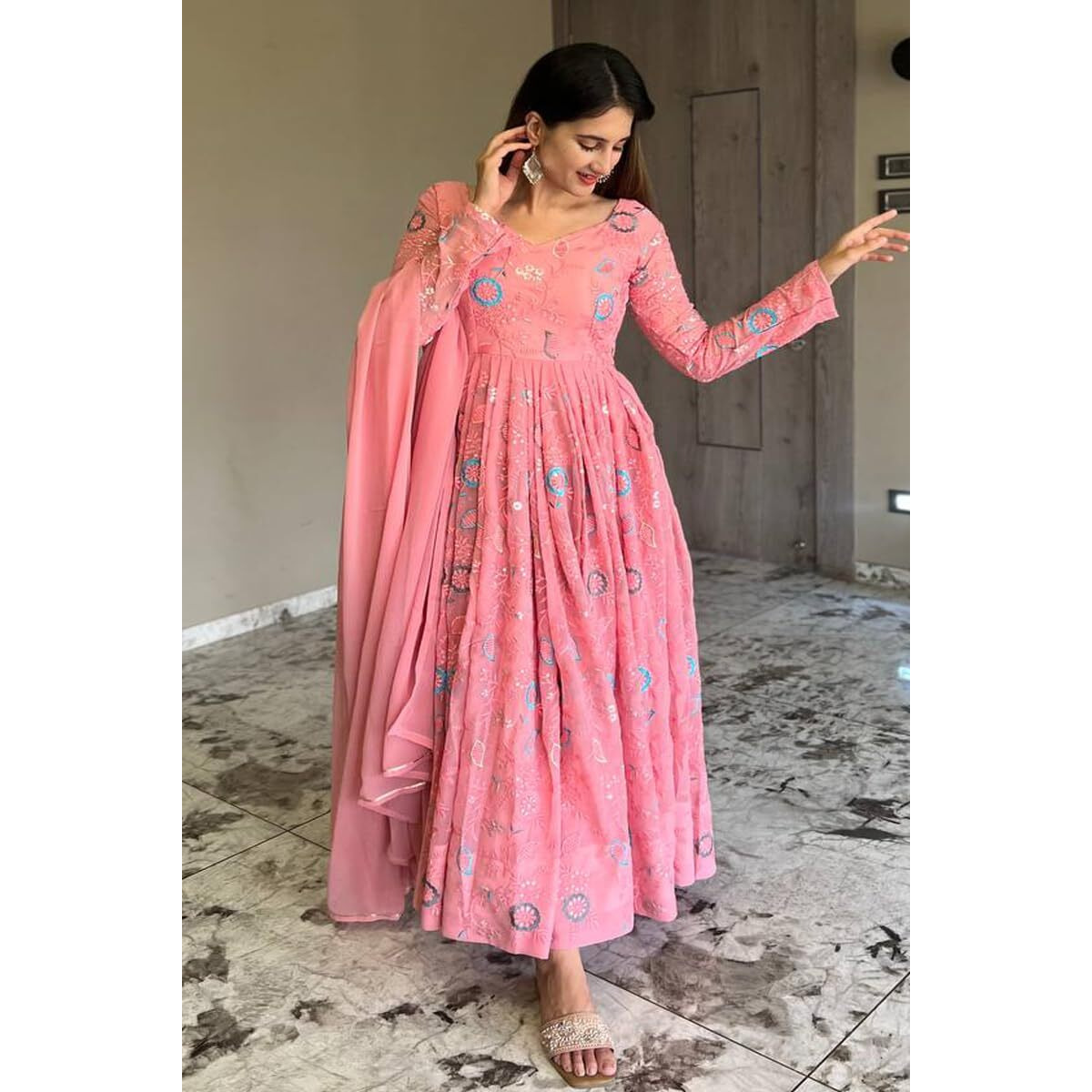 Women Floral Print Anarkali Kurta With Pant and Dupatta (Medium) (XL, Ligth Pink) (L, Ligth Pink)